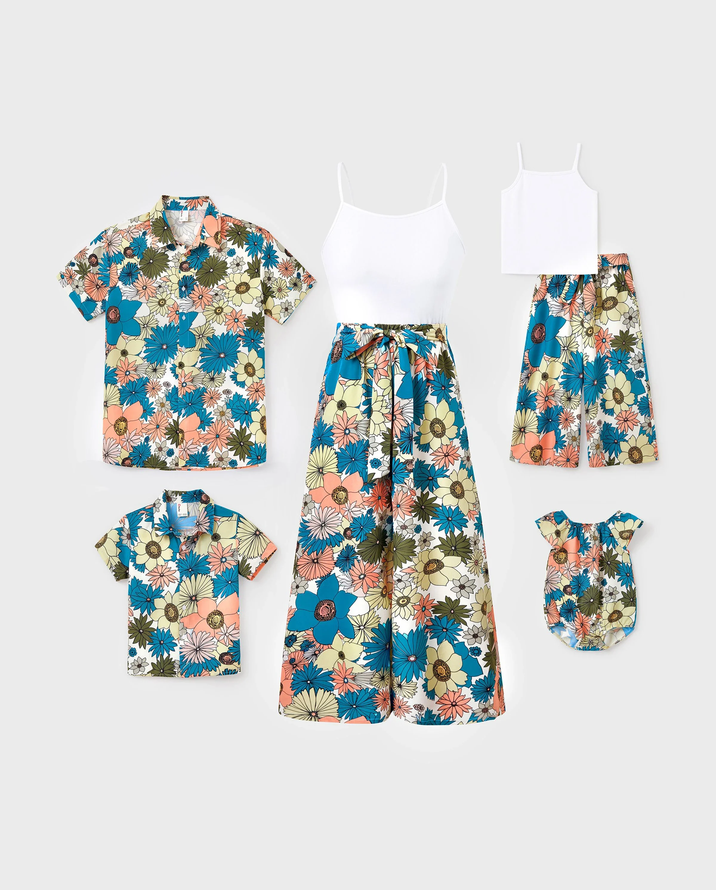 Family Matching Set Sun Flower Print Short-sleeve Collar Shirt or White Camisole Top and Flower Wide-leg Pants Set for Summer Vacation Multi-color - Image 10