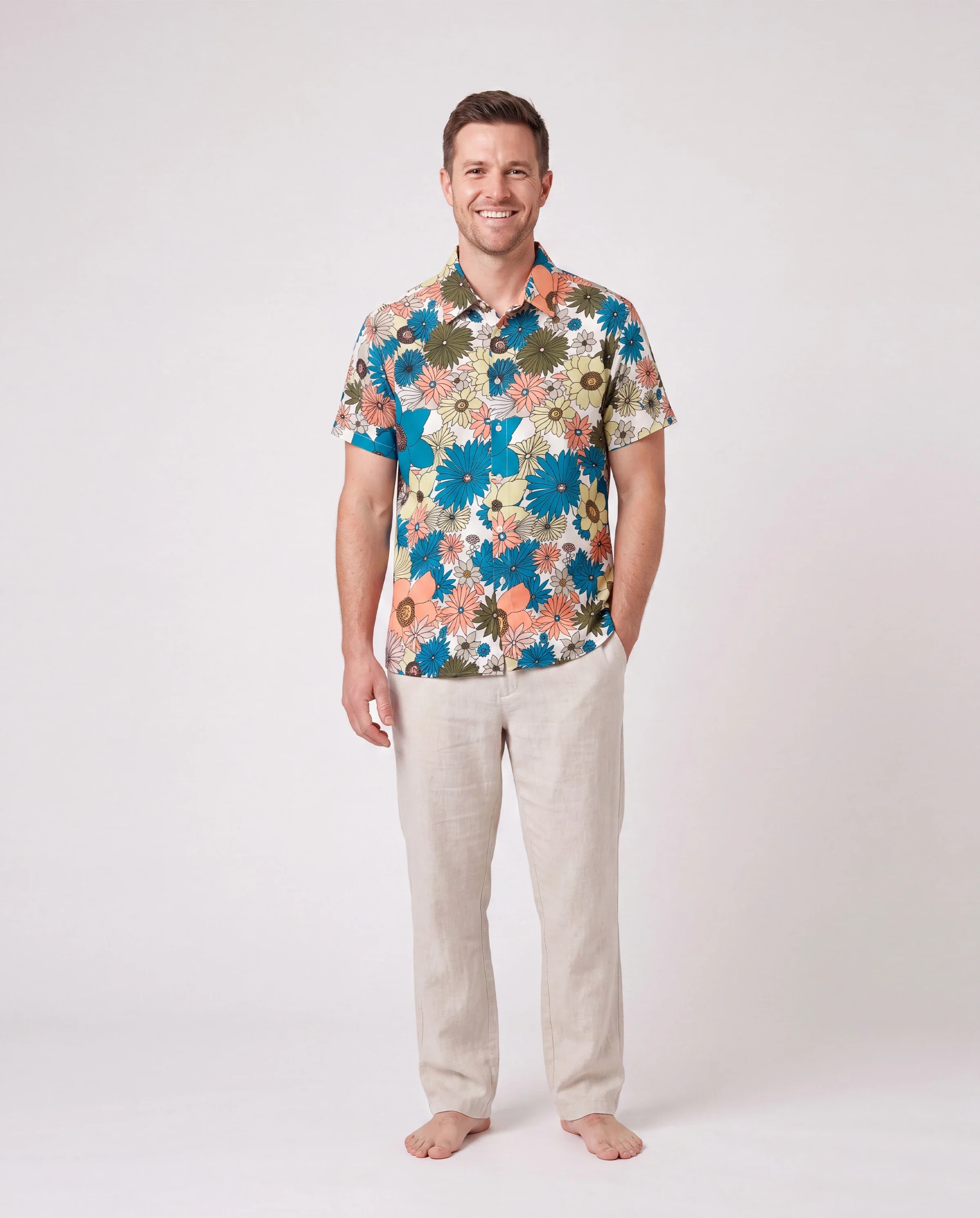 Family Matching Set Sun Flower Print Short-sleeve Collar Shirt or White Camisole Top and Flower Wide-leg Pants Set for Summer Vacation Multi-color - Image 6