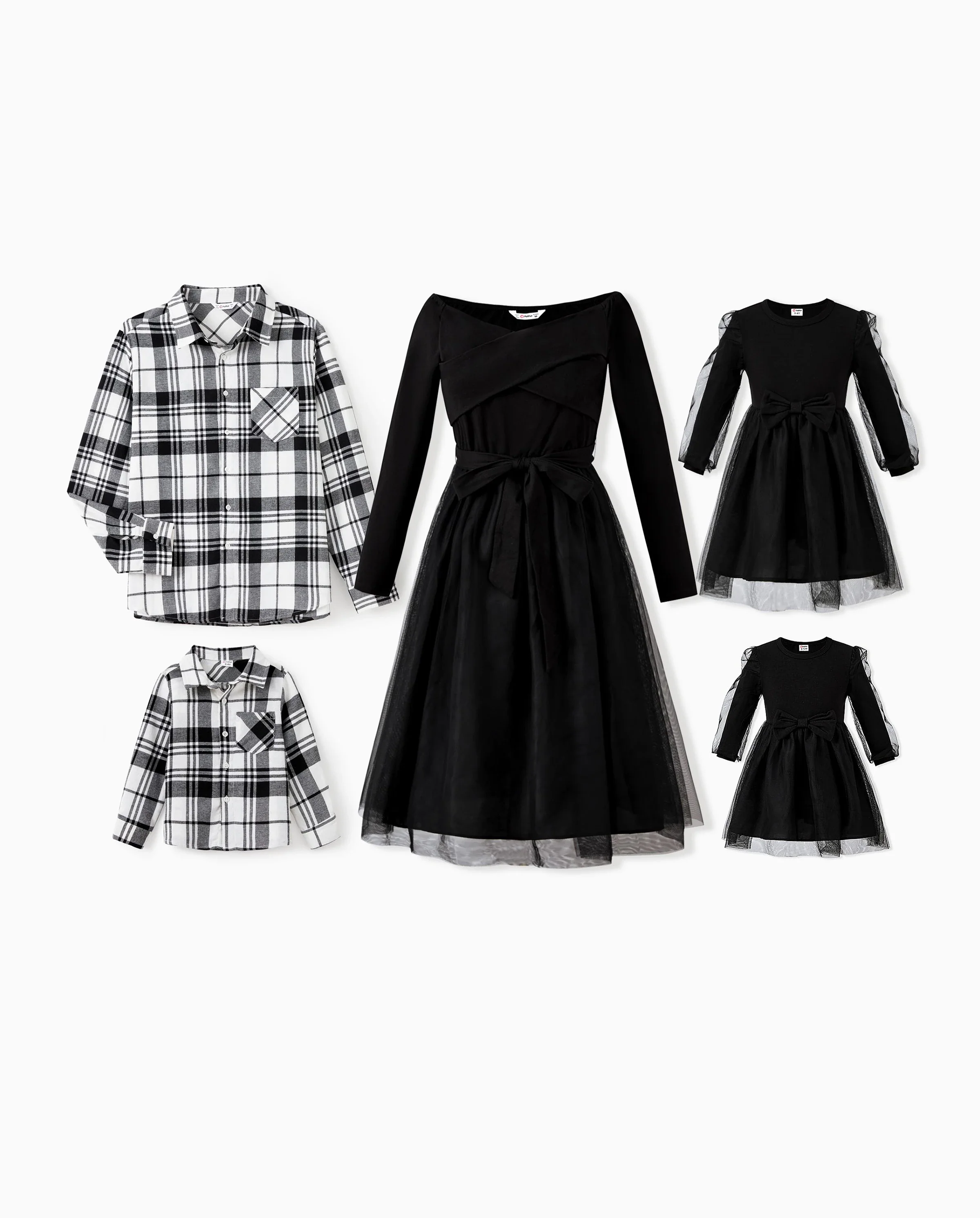 Family Matching Sets Black Plaid Shirt or Elegant Off-Shoulder Cross Front Tulle Mesh Dress Black - Image 9
