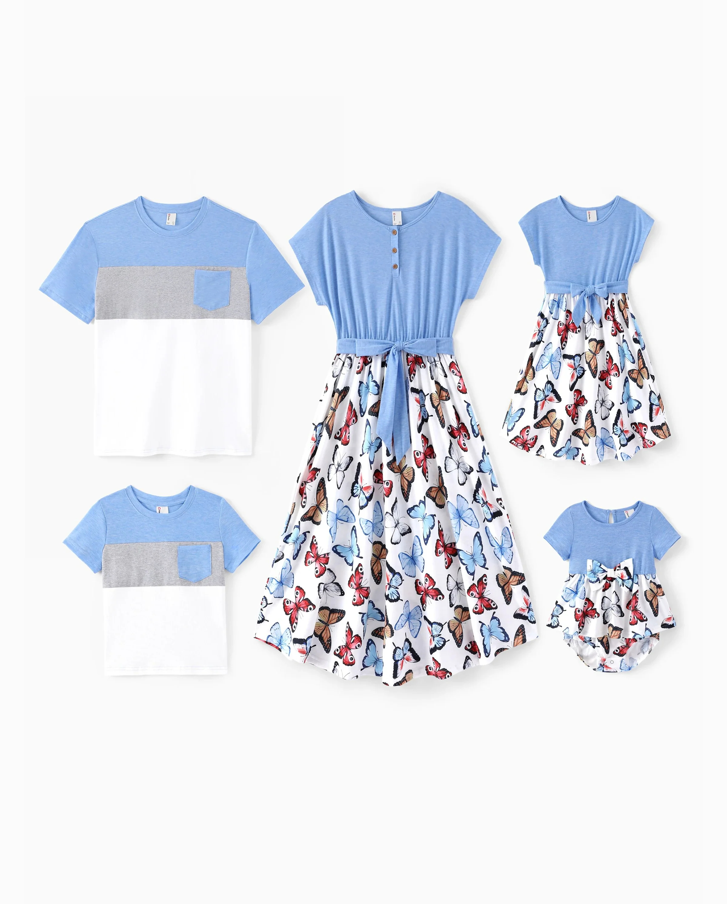 Family Matching Sets Butterfly Soft Casual Tee & Below Knee Dresses with Belted Design Blue Light Blue - Image 10