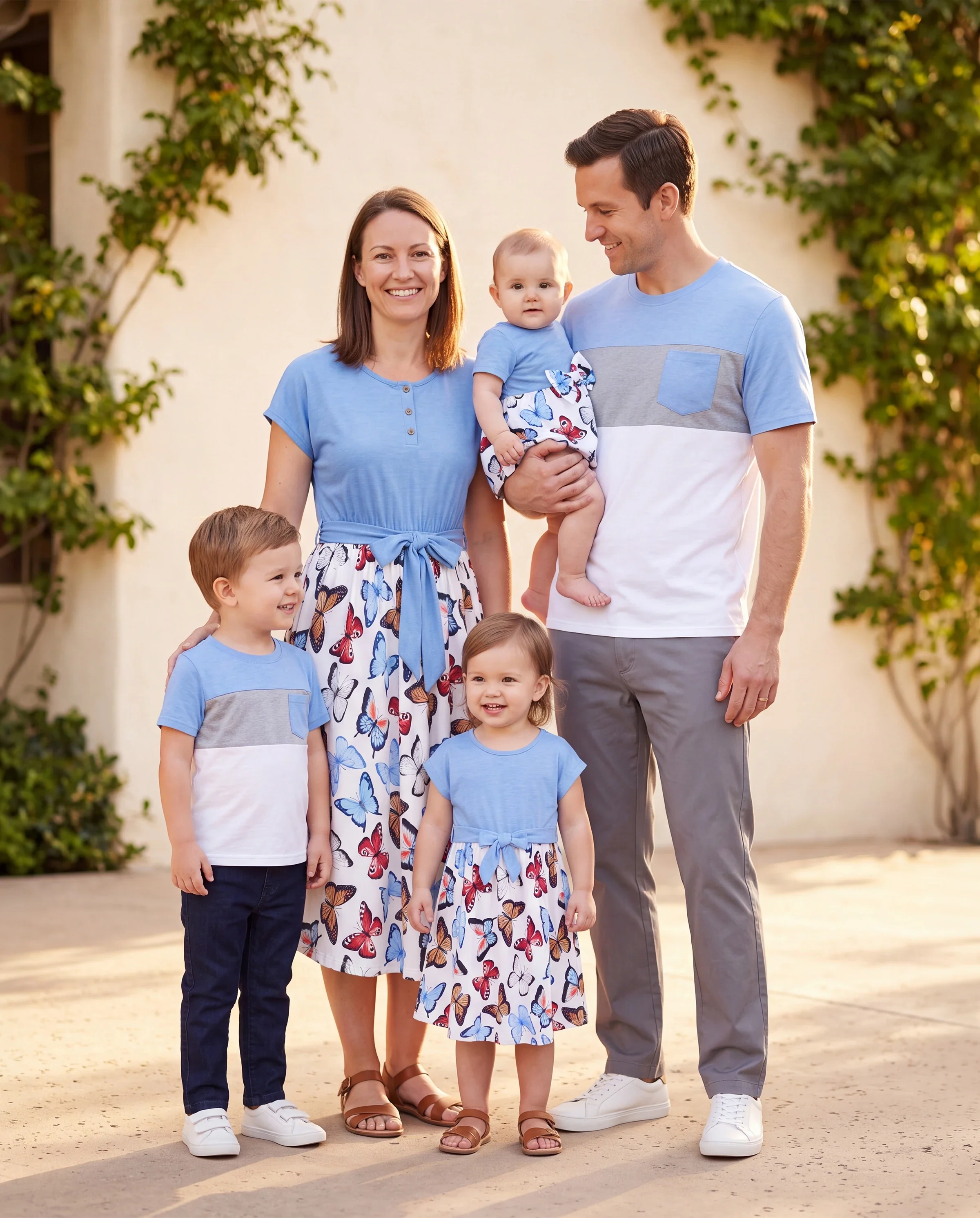 Family Matching Sets Butterfly Soft Casual Tee & Below Knee Dresses with Belted Design Blue Light Blue - Image 11