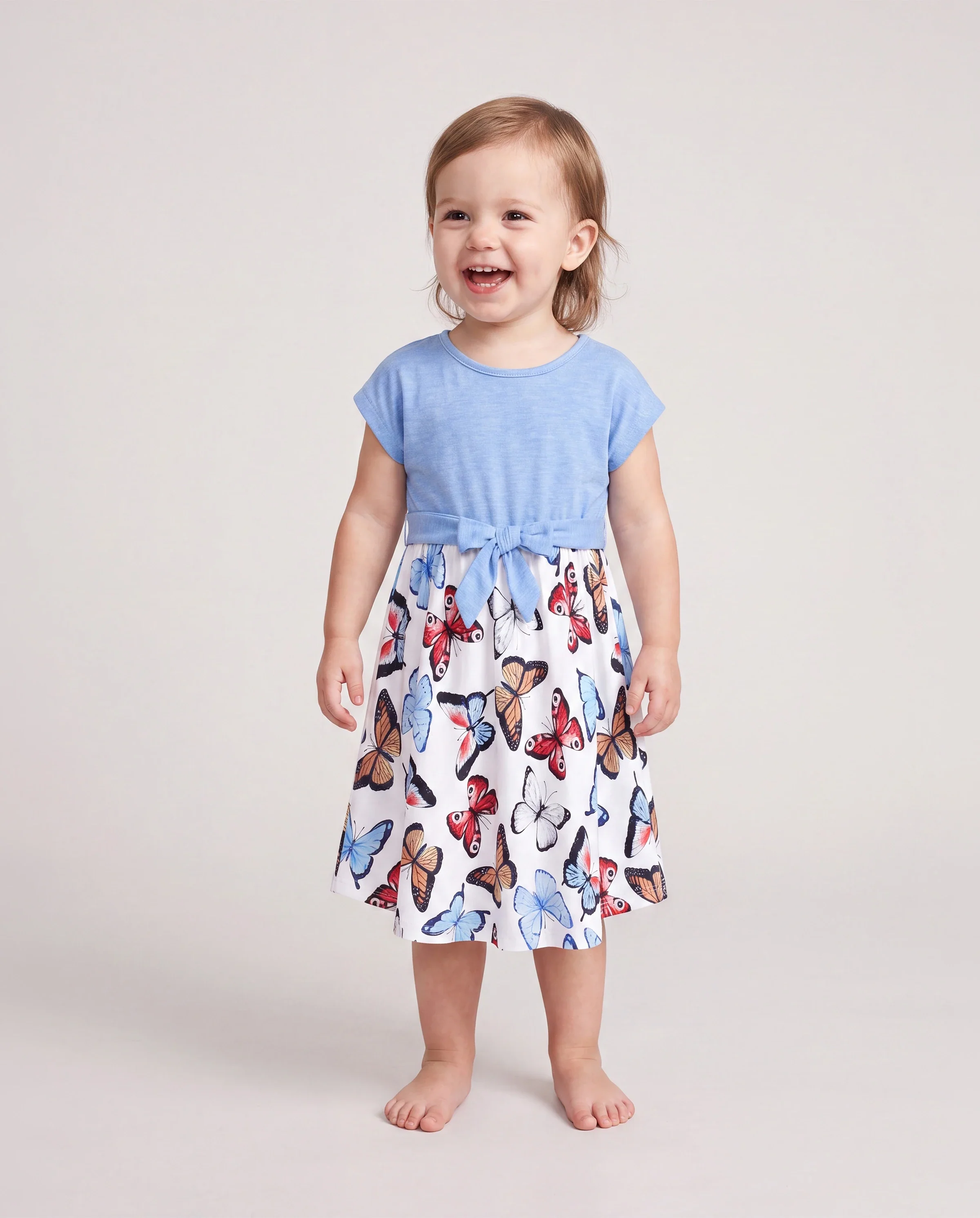 Family Matching Sets Butterfly Soft Casual Tee & Below Knee Dresses with Belted Design Blue Light Blue - Image 3