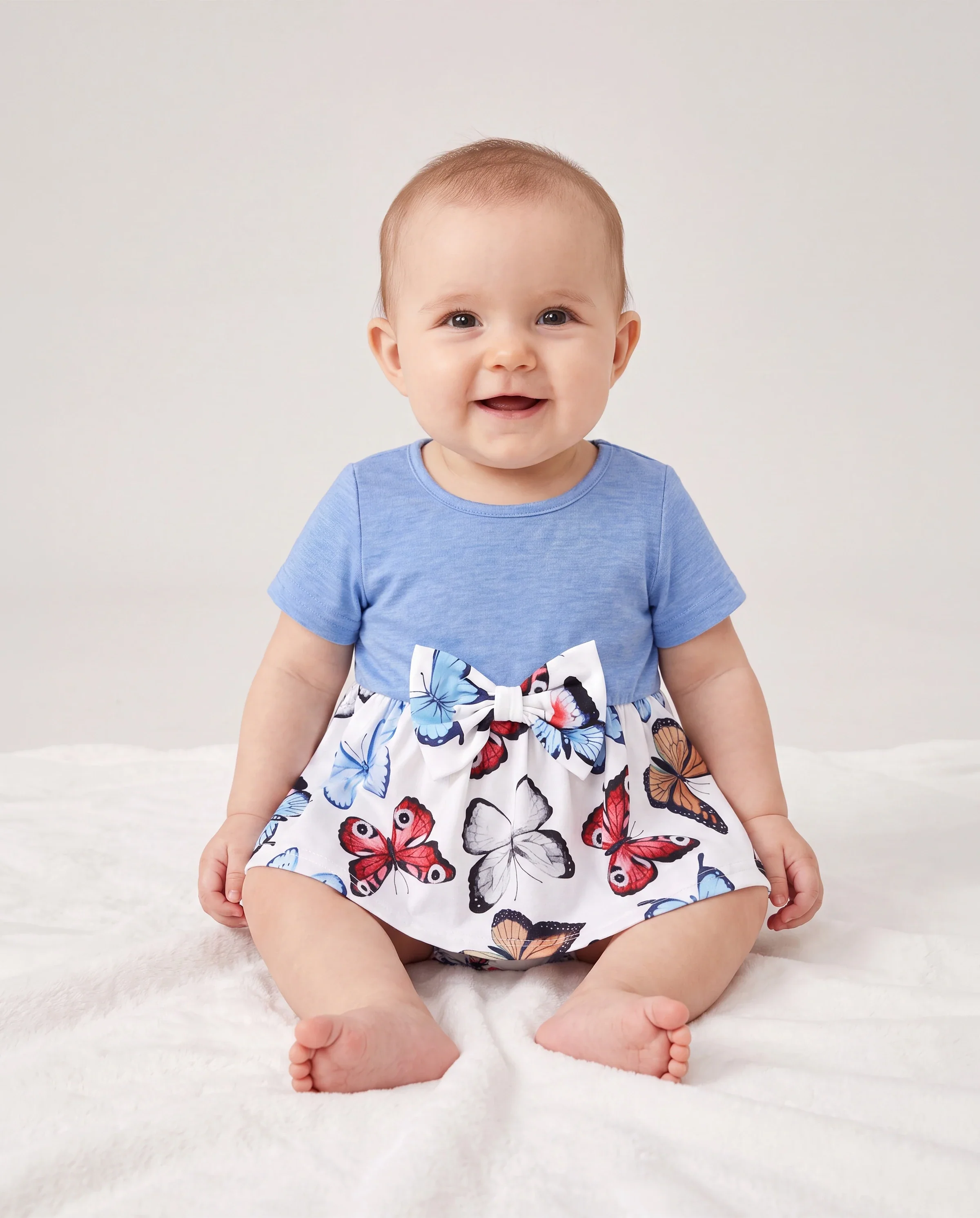 Family Matching Sets Butterfly Soft Casual Tee & Below Knee Dresses with Belted Design Blue Light Blue - Image 4