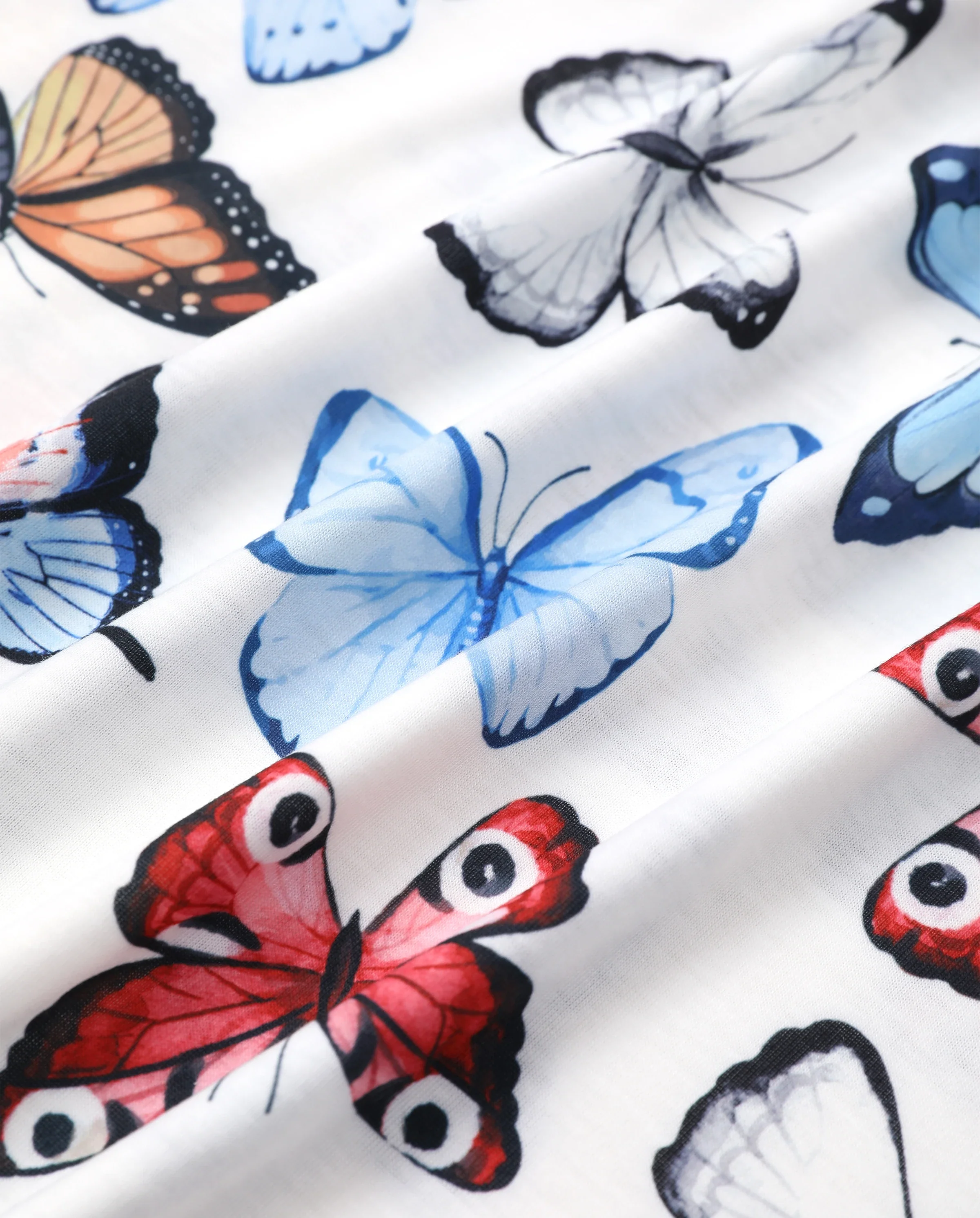 Family Matching Sets Butterfly Soft Casual Tee & Below Knee Dresses with Belted Design Blue Light Blue - Image 7
