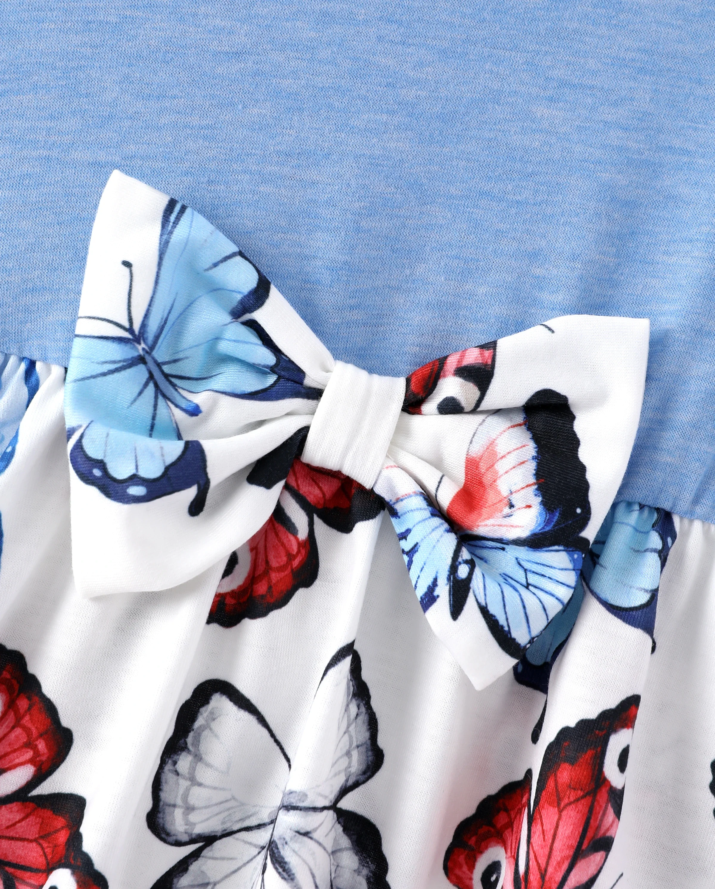 Family Matching Sets Butterfly Soft Casual Tee & Below Knee Dresses with Belted Design Blue Light Blue - Image 8