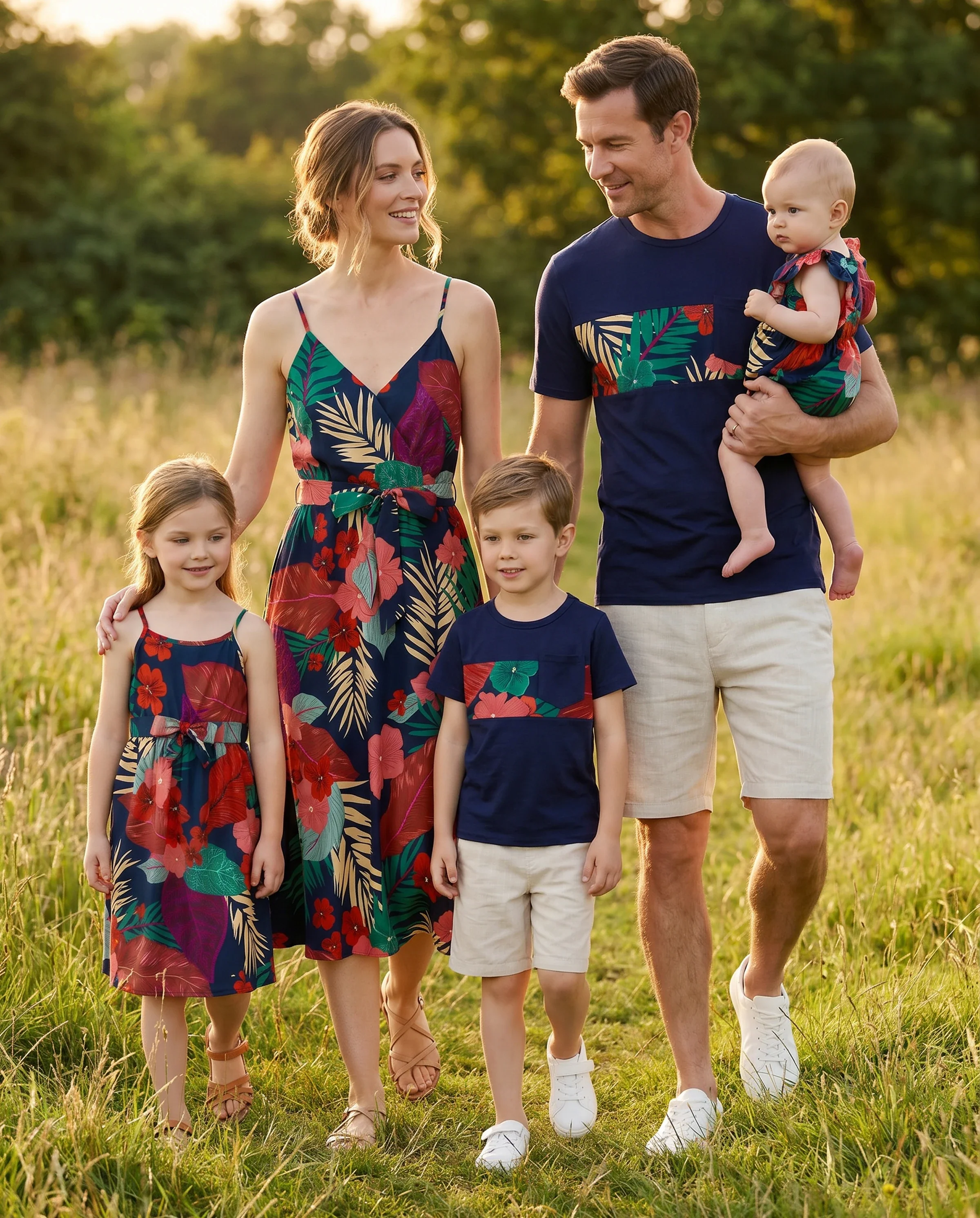 Family Matching Sets Floral Panel Black tee and V-neck Strap Dress with Hidden Snap Deep Blue - Image 11