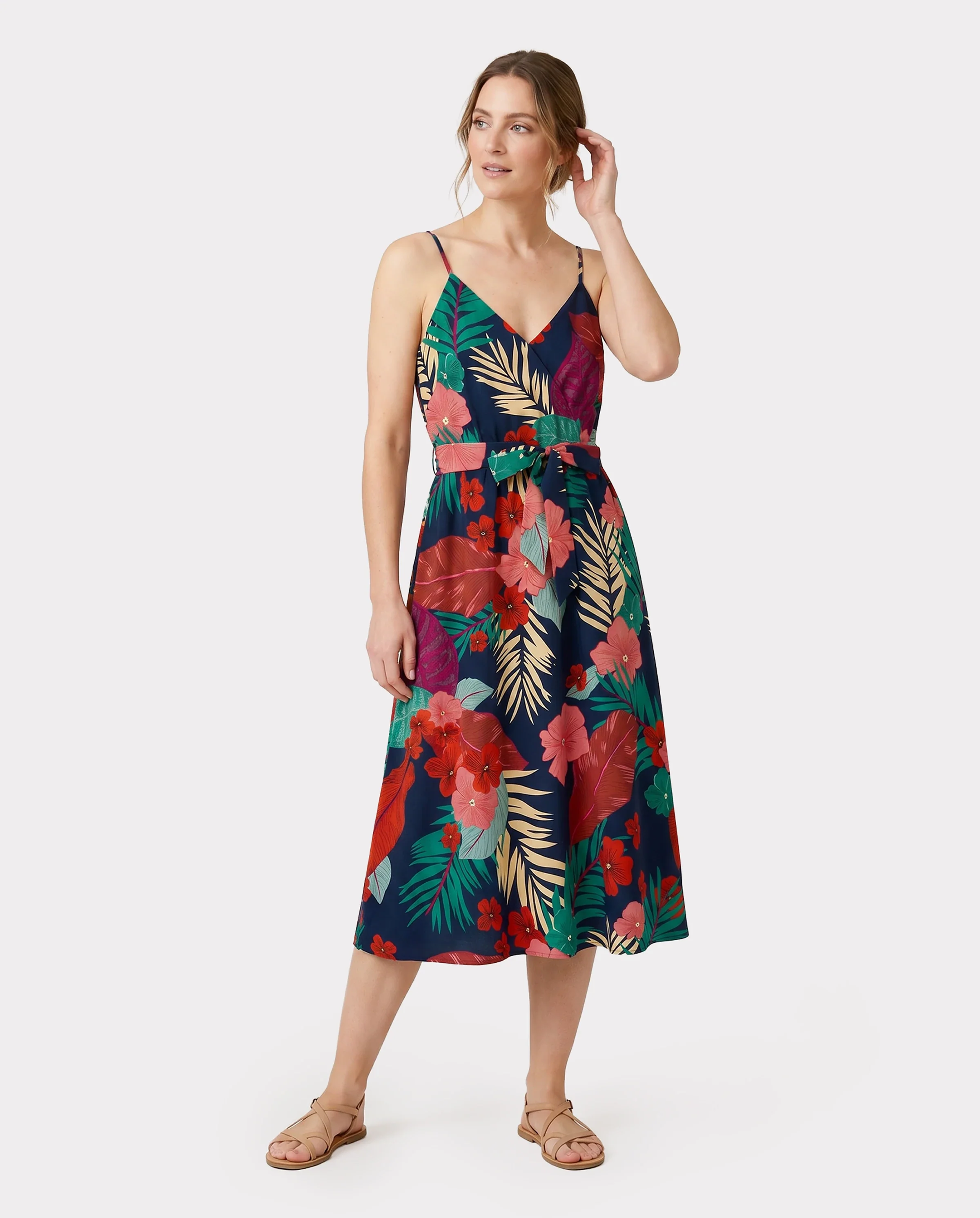 Family Matching Sets Floral Panel Black tee and V-neck Strap Dress with Hidden Snap Deep Blue - Image 2