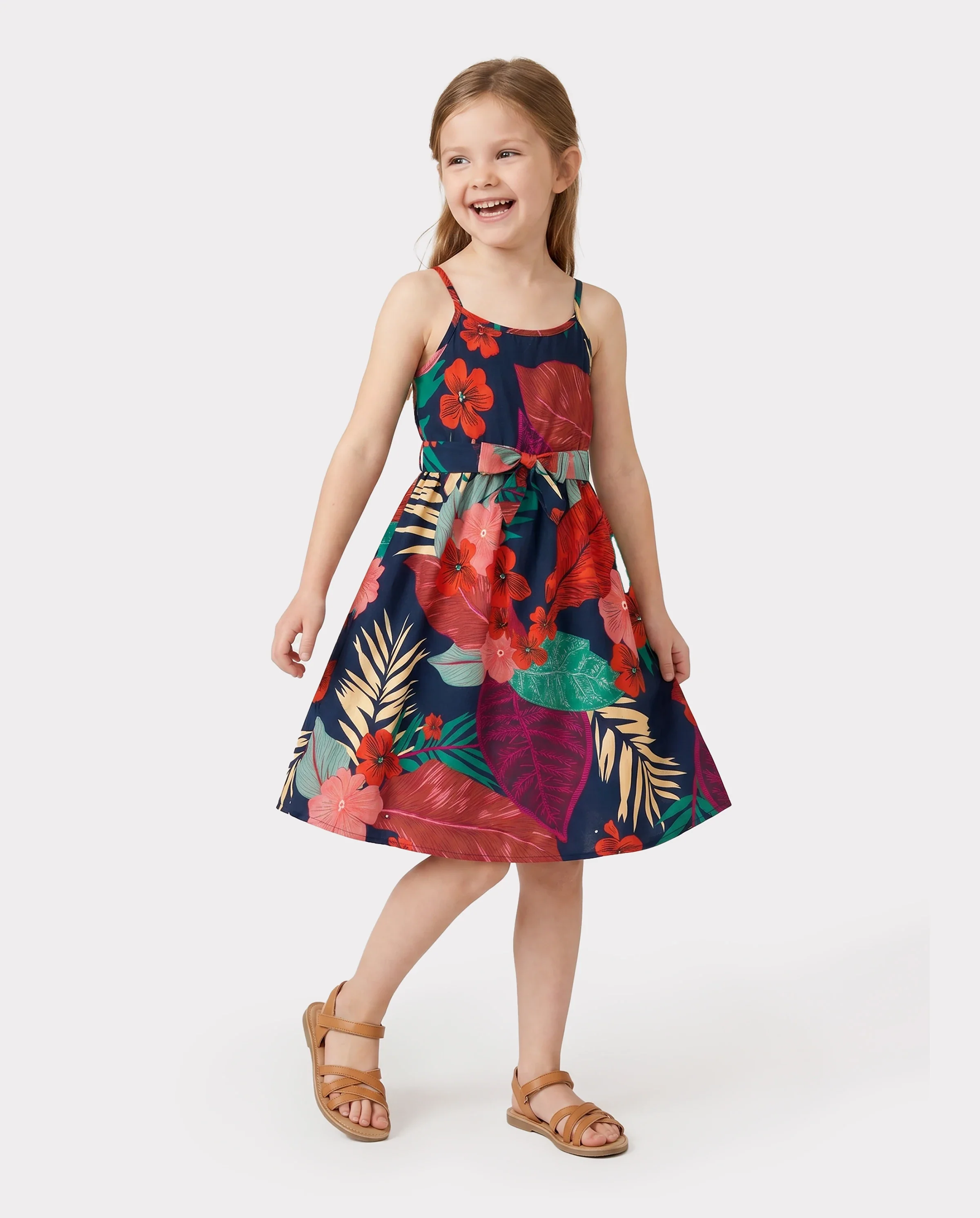 Family Matching Sets Floral Panel Black tee and V-neck Strap Dress with Hidden Snap Deep Blue - Image 3