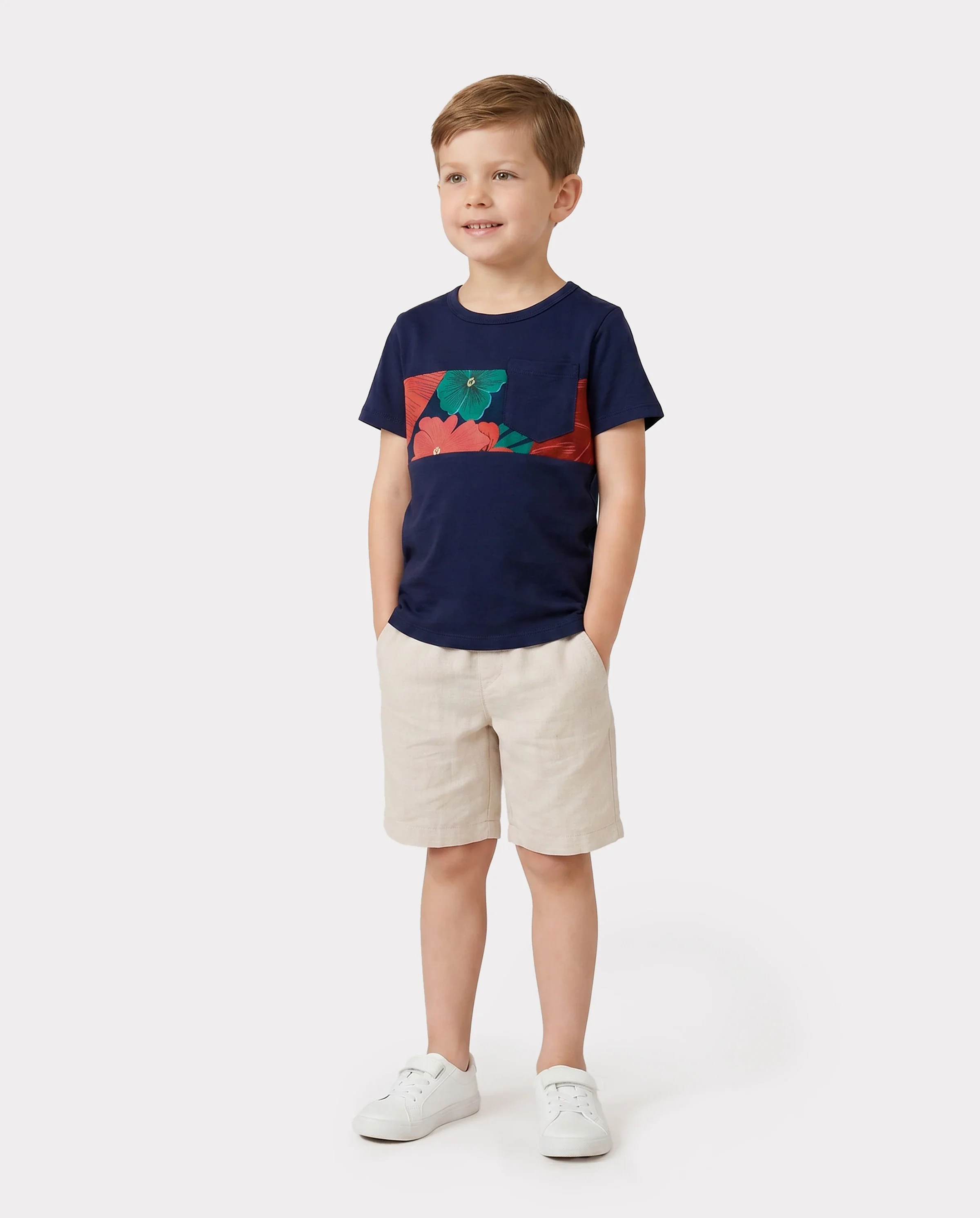 Family Matching Sets Floral Panel Black tee and V-neck Strap Dress with Hidden Snap Deep Blue - Image 5