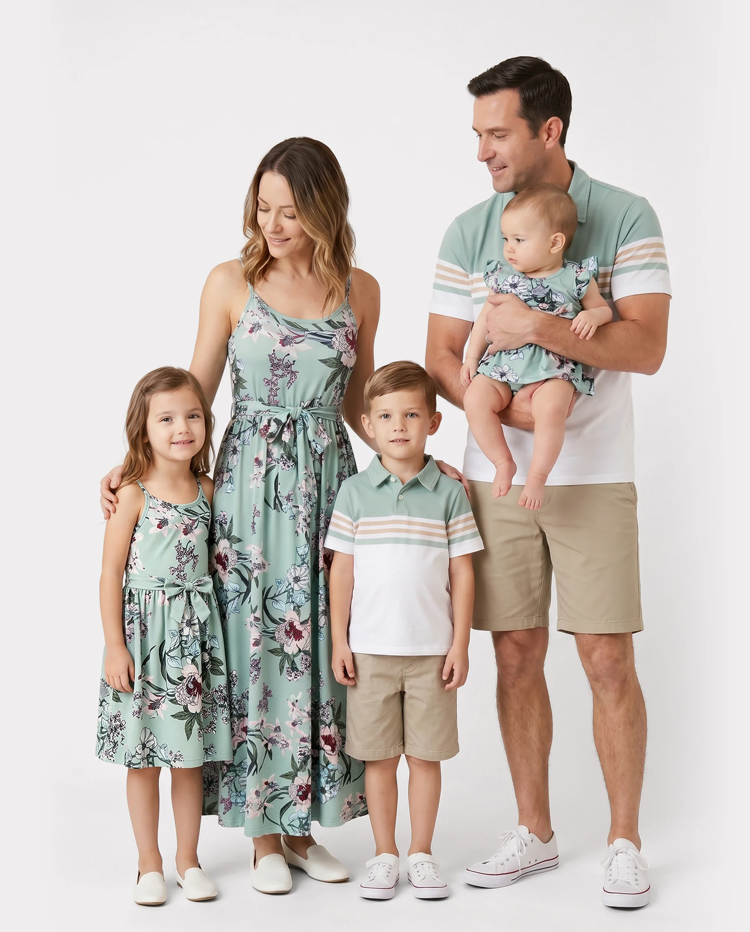Family Matching Sets Green Striped Polo Shirt or Flora Print Strap Belted Dress Light Green