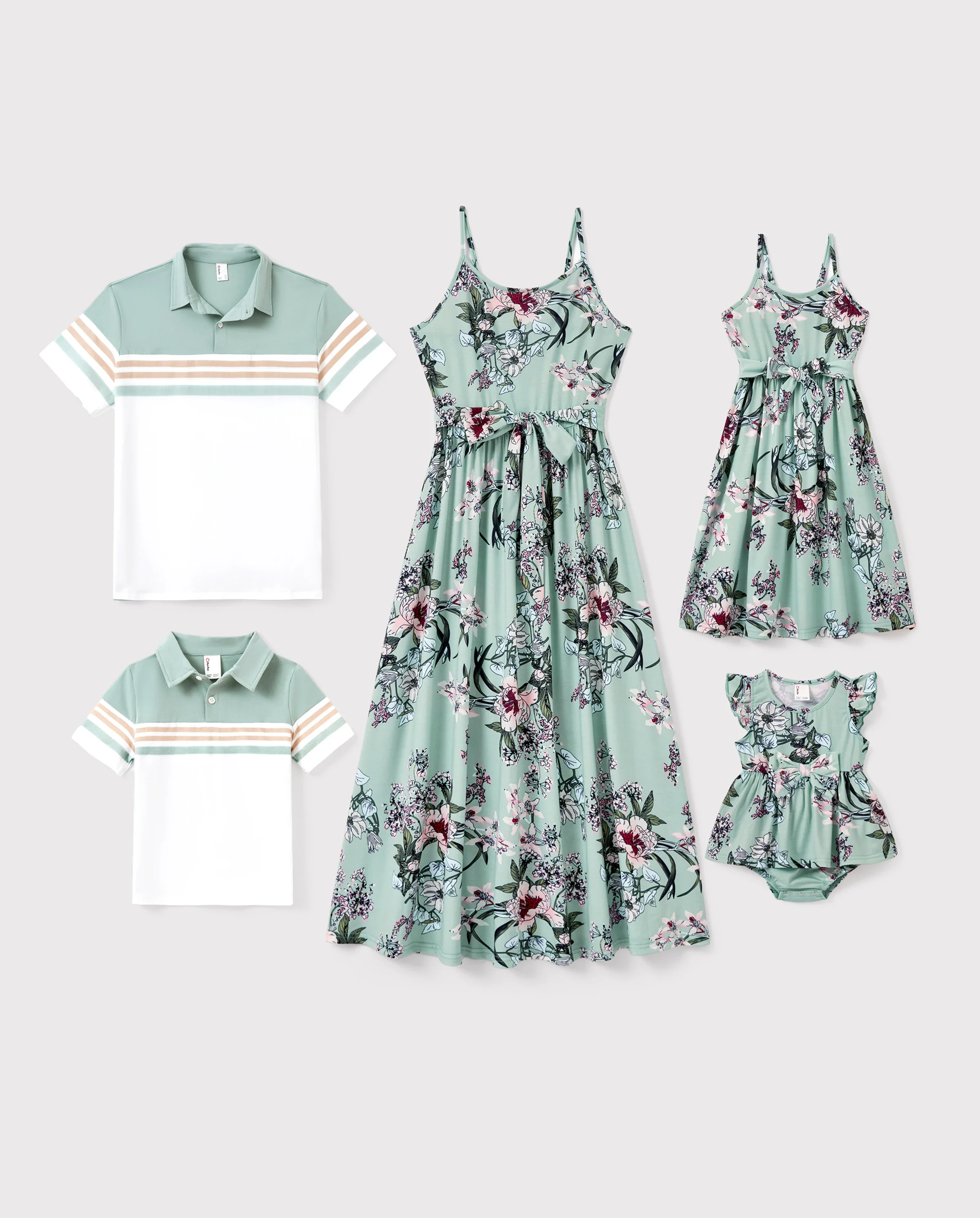 Family Matching Sets Green Striped Polo Shirt or Flora Print Strap Belted Dress Light Green - Image 10