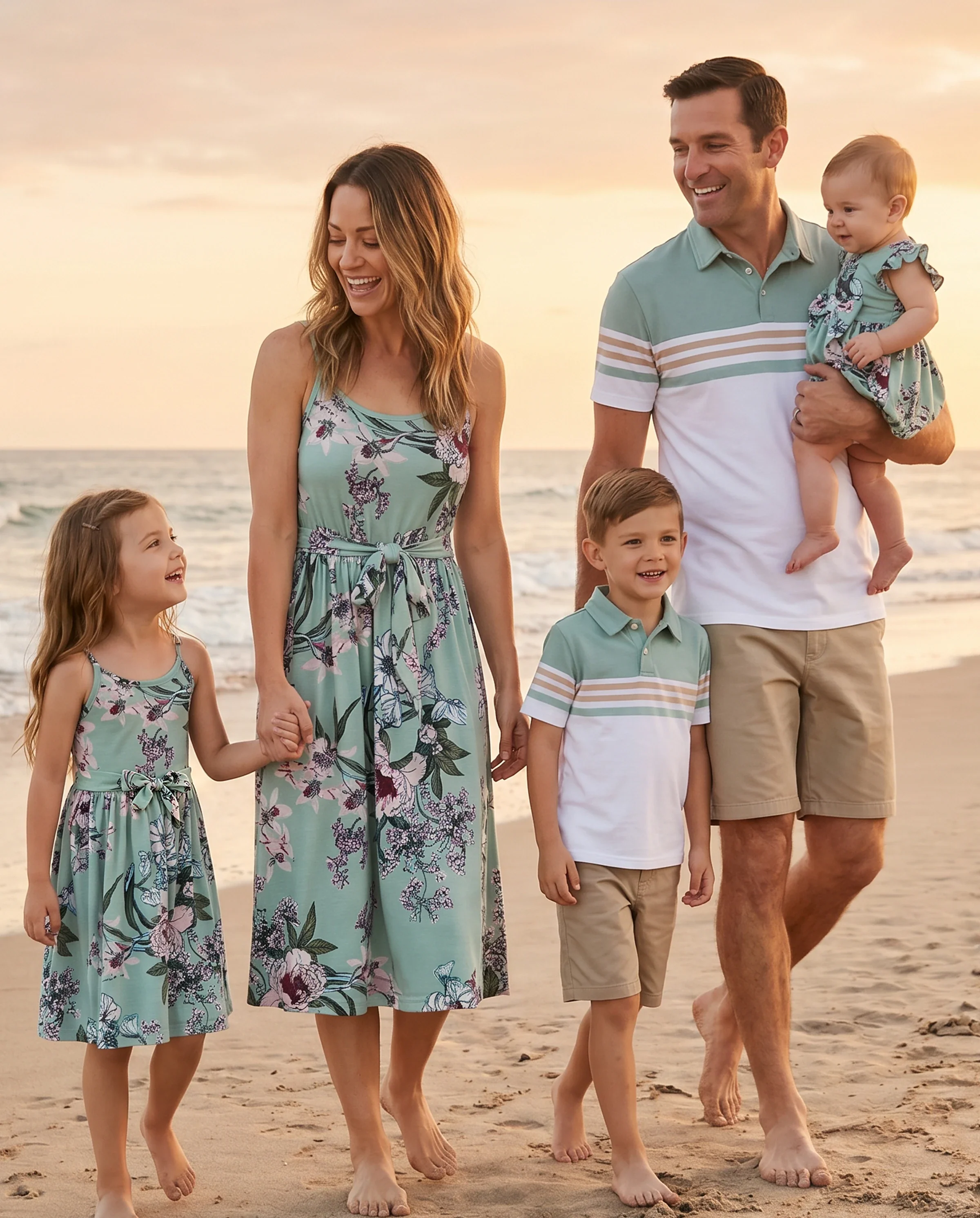 Family Matching Sets Green Striped Polo Shirt or Flora Print Strap Belted Dress Light Green - Image 11