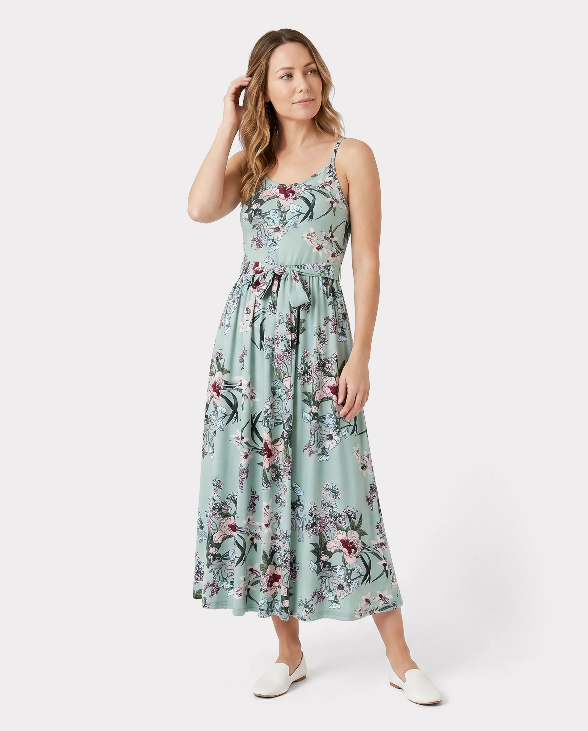 Family Matching Sets Green Striped Polo Shirt or Flora Print Strap Belted Dress Light Green - Image 2