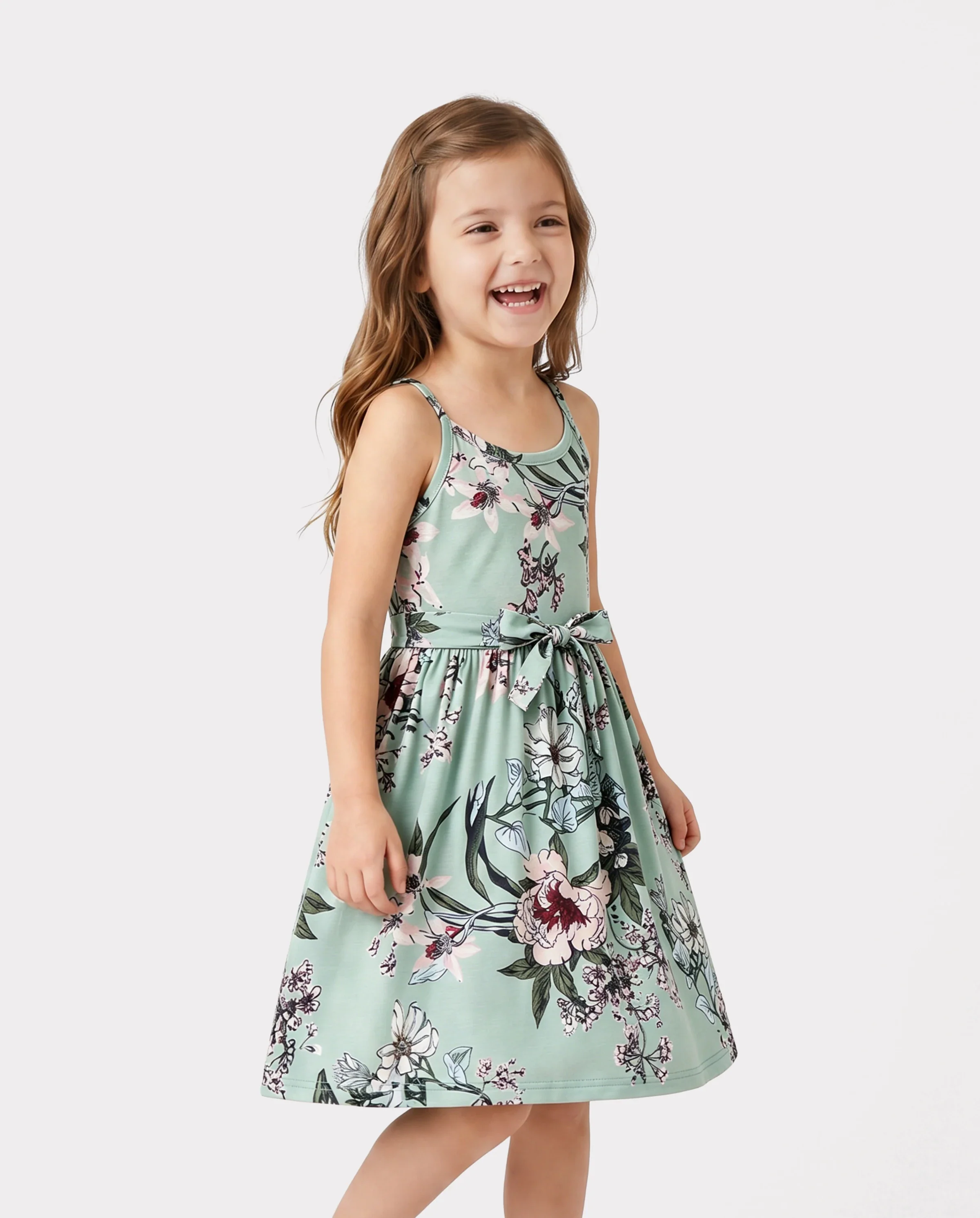 Family Matching Sets Green Striped Polo Shirt or Flora Print Strap Belted Dress Light Green - Image 3