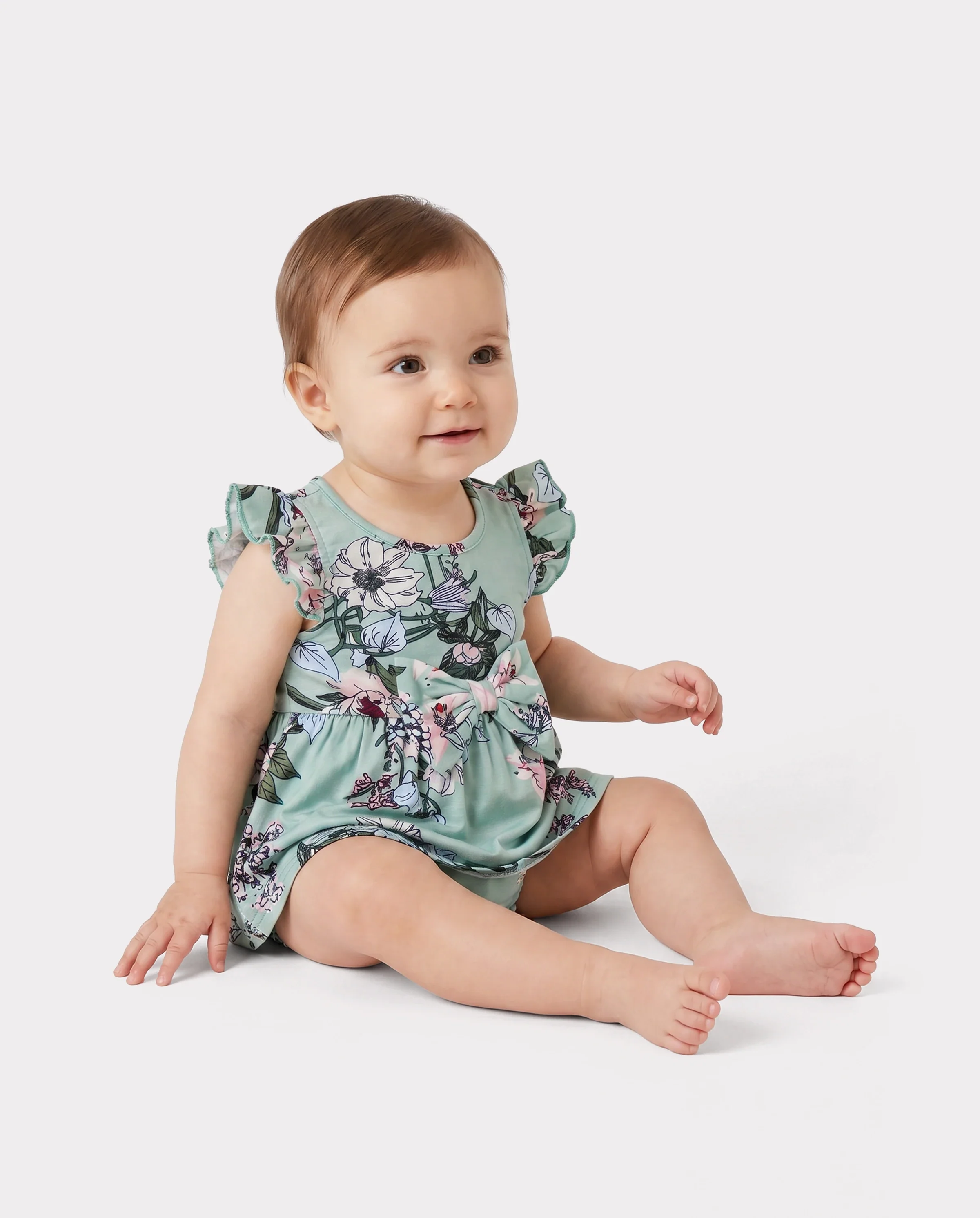 Family Matching Sets Green Striped Polo Shirt or Flora Print Strap Belted Dress Light Green - Image 4