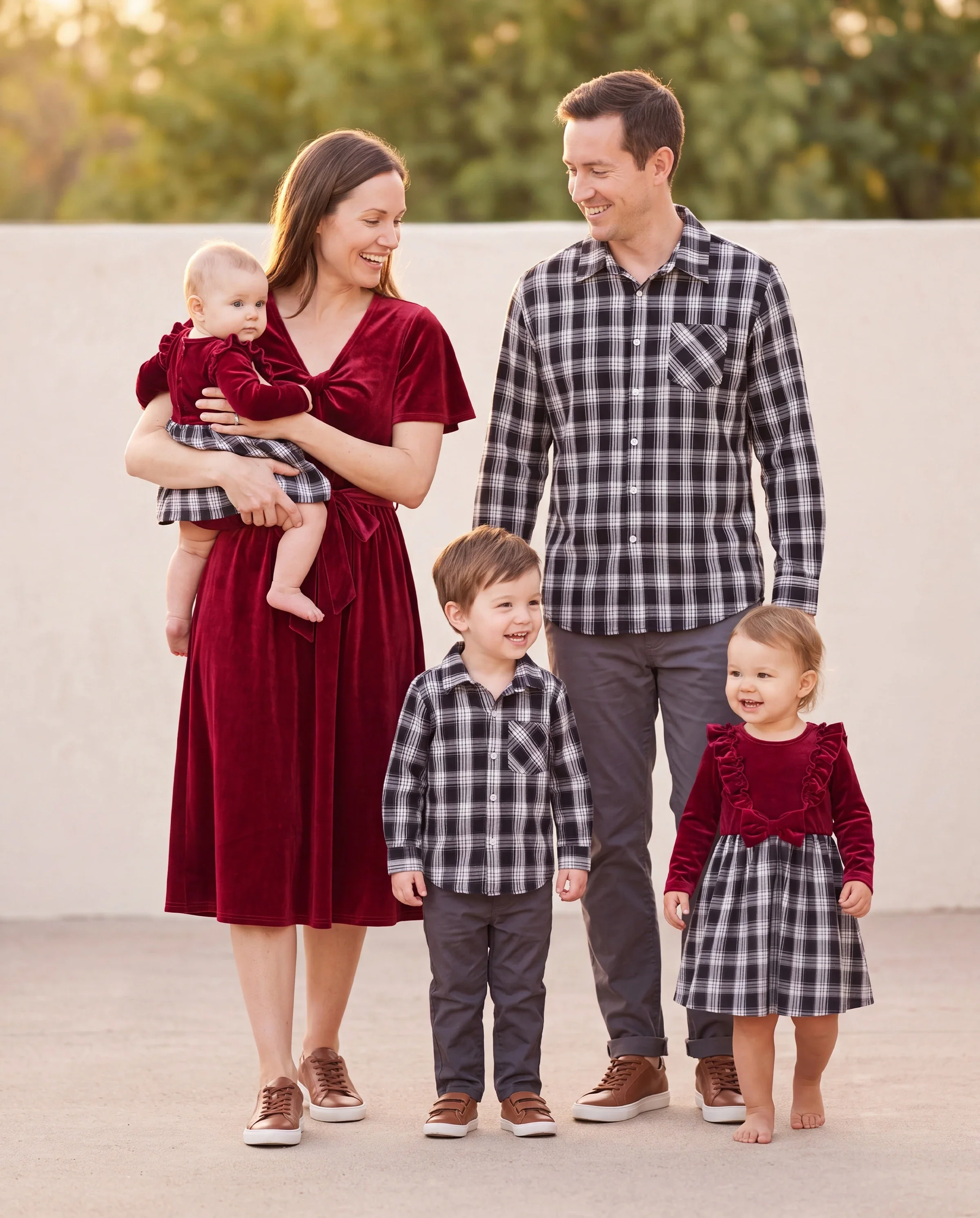 Family Matching Sets Long Sleeves Black and White Plaid Sweatshirt or Velvet Short-sleeve Belted Dress Burgundy - Image 11
