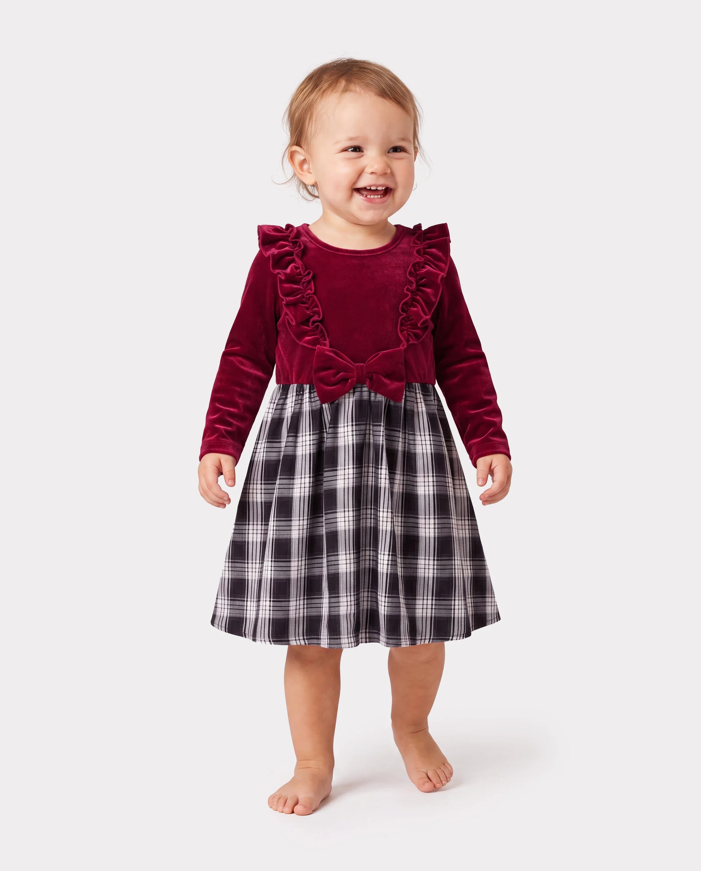 Family Matching Sets Long Sleeves Black and White Plaid Sweatshirt or Velvet Short-sleeve Belted Dress Burgundy - Image 3
