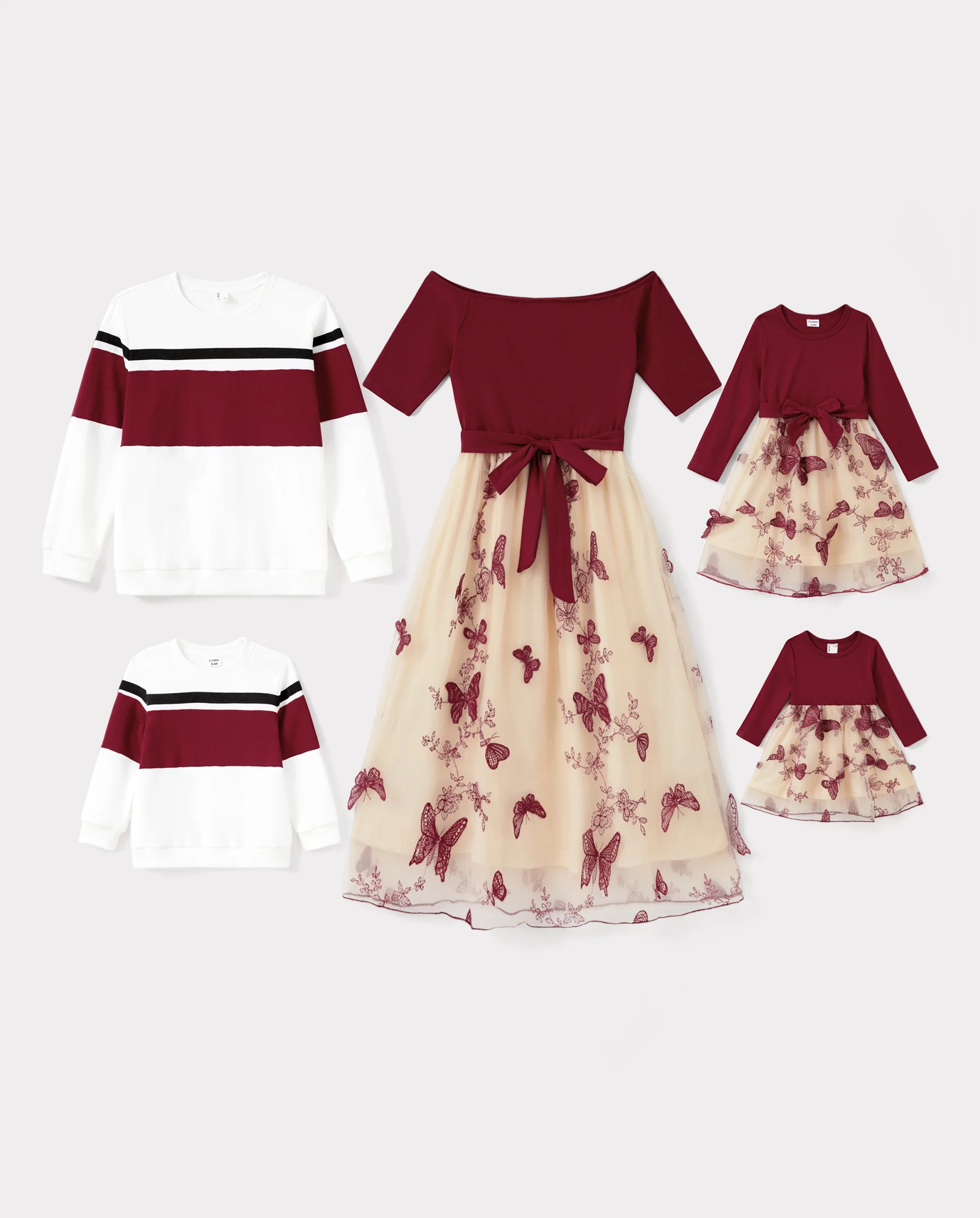 Family Matching Sets Long Sleeves Sweatshirt or Off-Shoulder Butterfly Embroidered Tulle Dress Burgundy - Image 10