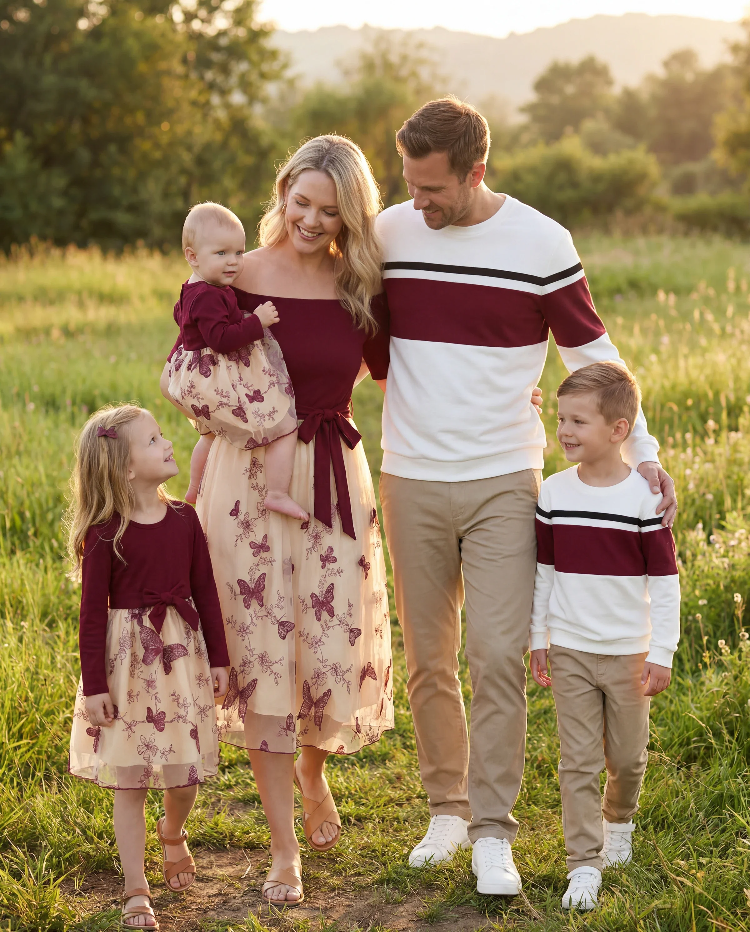 Family Matching Sets Long Sleeves Sweatshirt or Off-Shoulder Butterfly Embroidered Tulle Dress Burgundy - Image 11