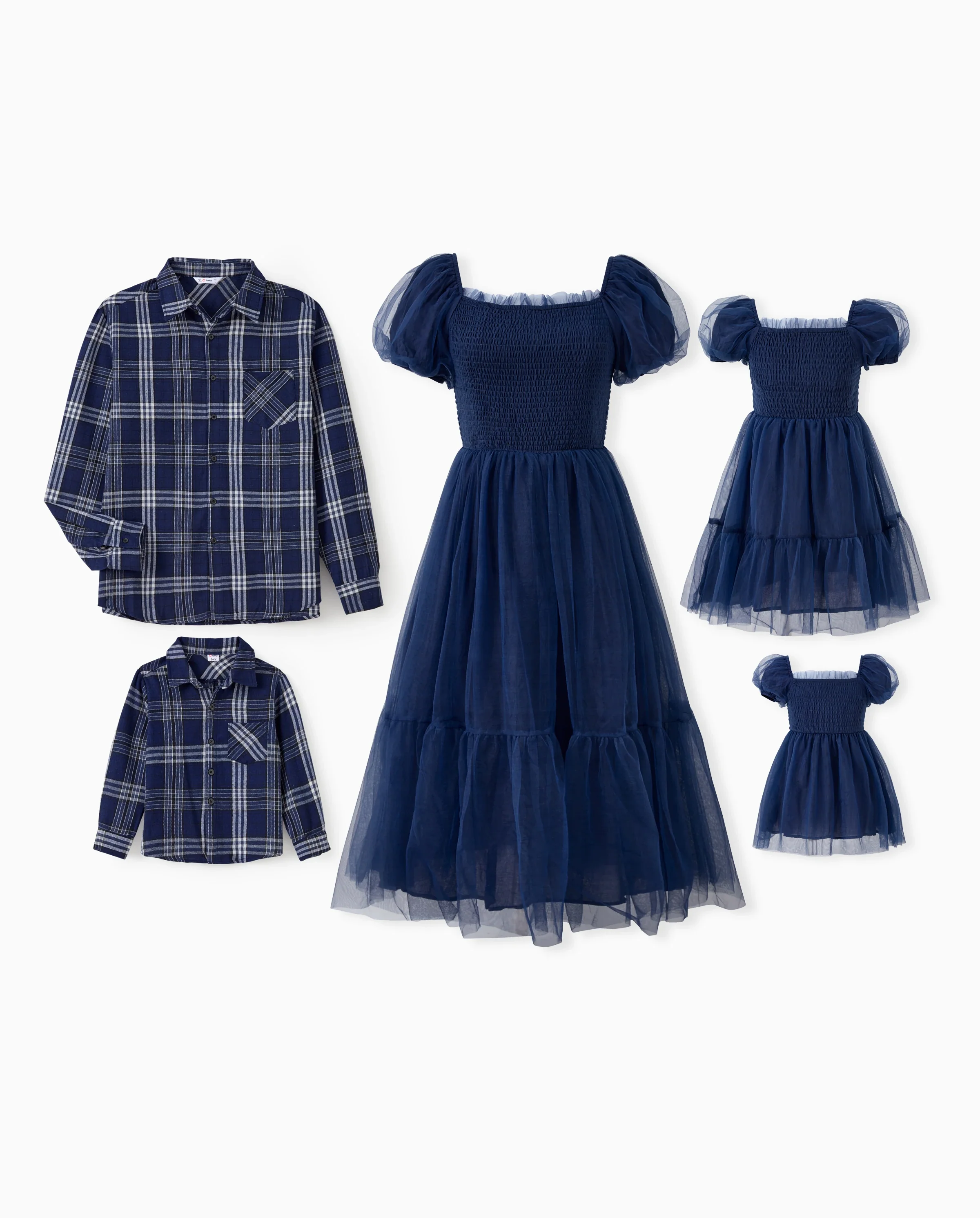 Family Matching Sets Plaid Long Sleeves Shirt or Elegant Shirred Bodice Puff Sleeves Tulle Mesh Dress royalblue - Image 10