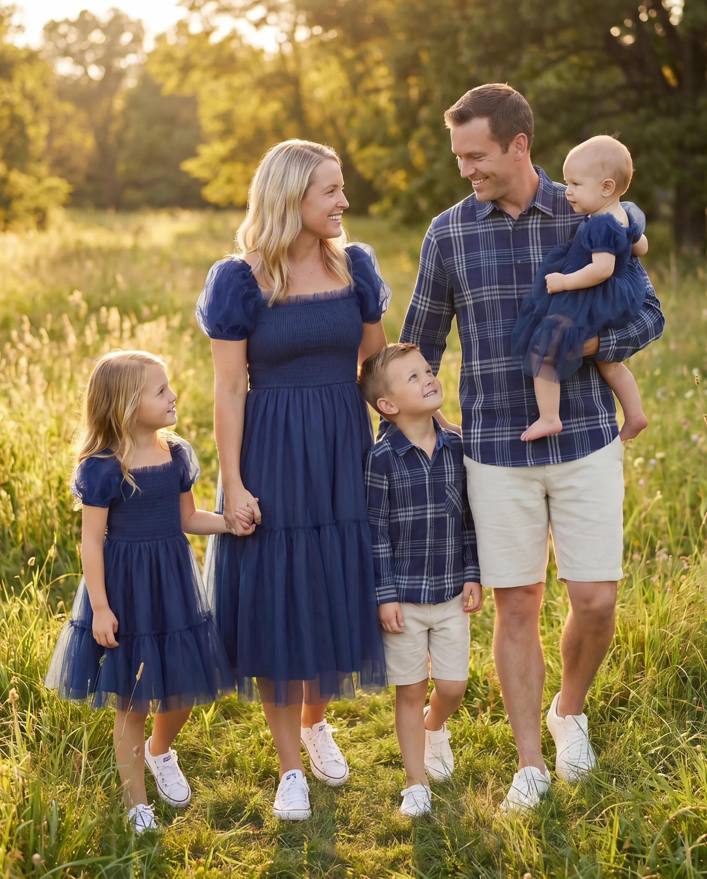 Family Matching Sets Plaid Long Sleeves Shirt or Elegant Shirred Bodice Puff Sleeves Tulle Mesh Dress royalblue - Image 11