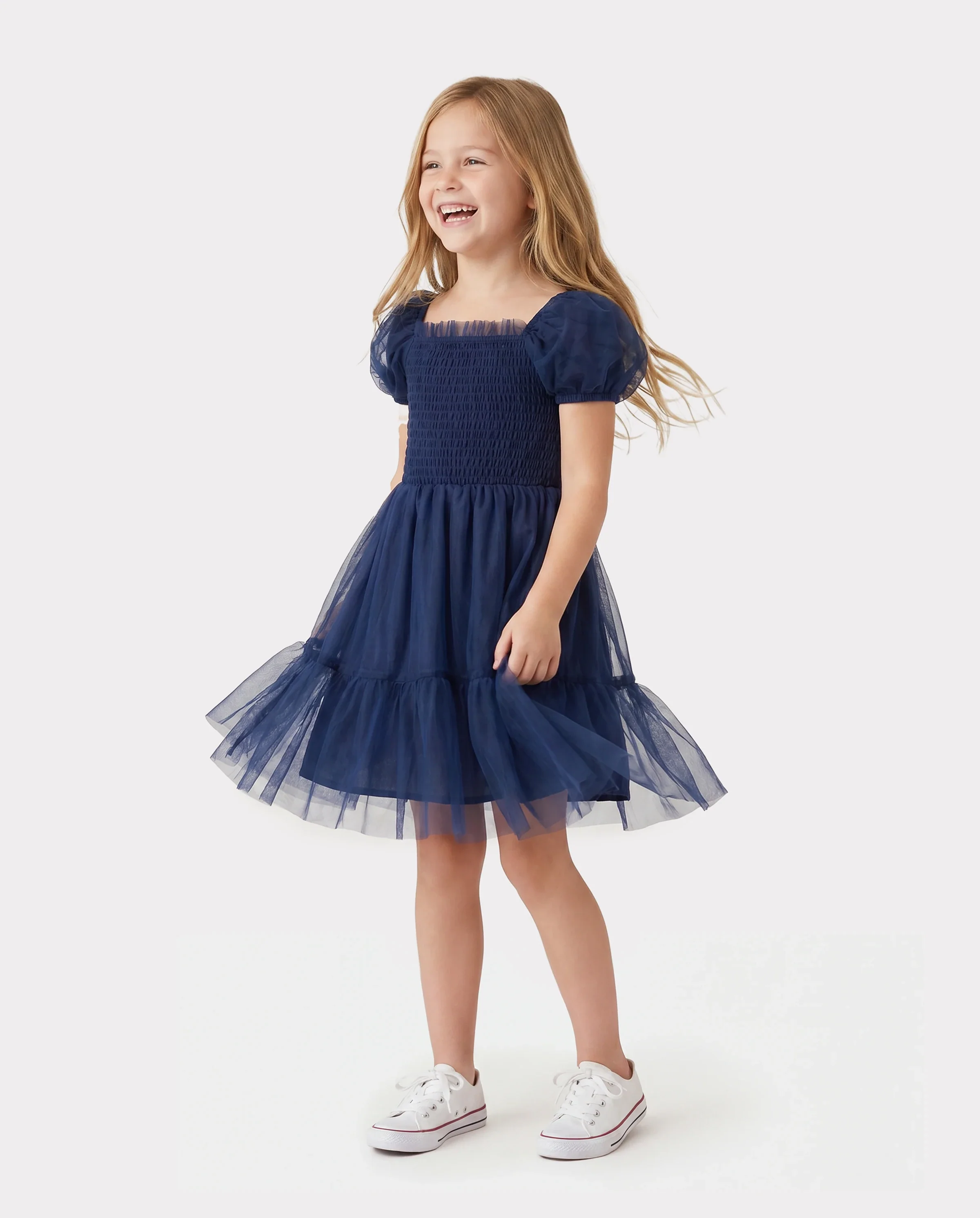 Family Matching Sets Plaid Long Sleeves Shirt or Elegant Shirred Bodice Puff Sleeves Tulle Mesh Dress royalblue - Image 3