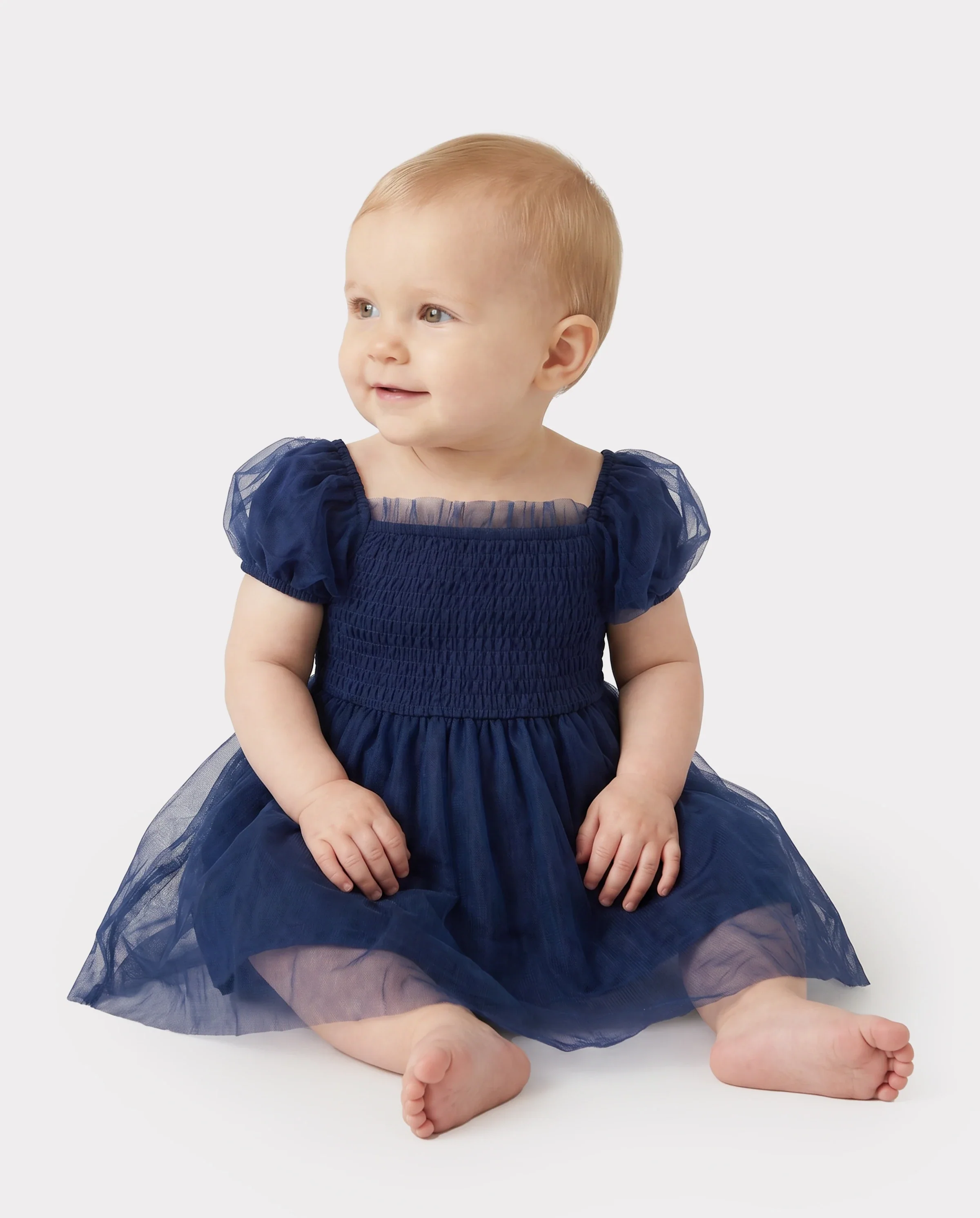 Family Matching Sets Plaid Long Sleeves Shirt or Elegant Shirred Bodice Puff Sleeves Tulle Mesh Dress royalblue - Image 4