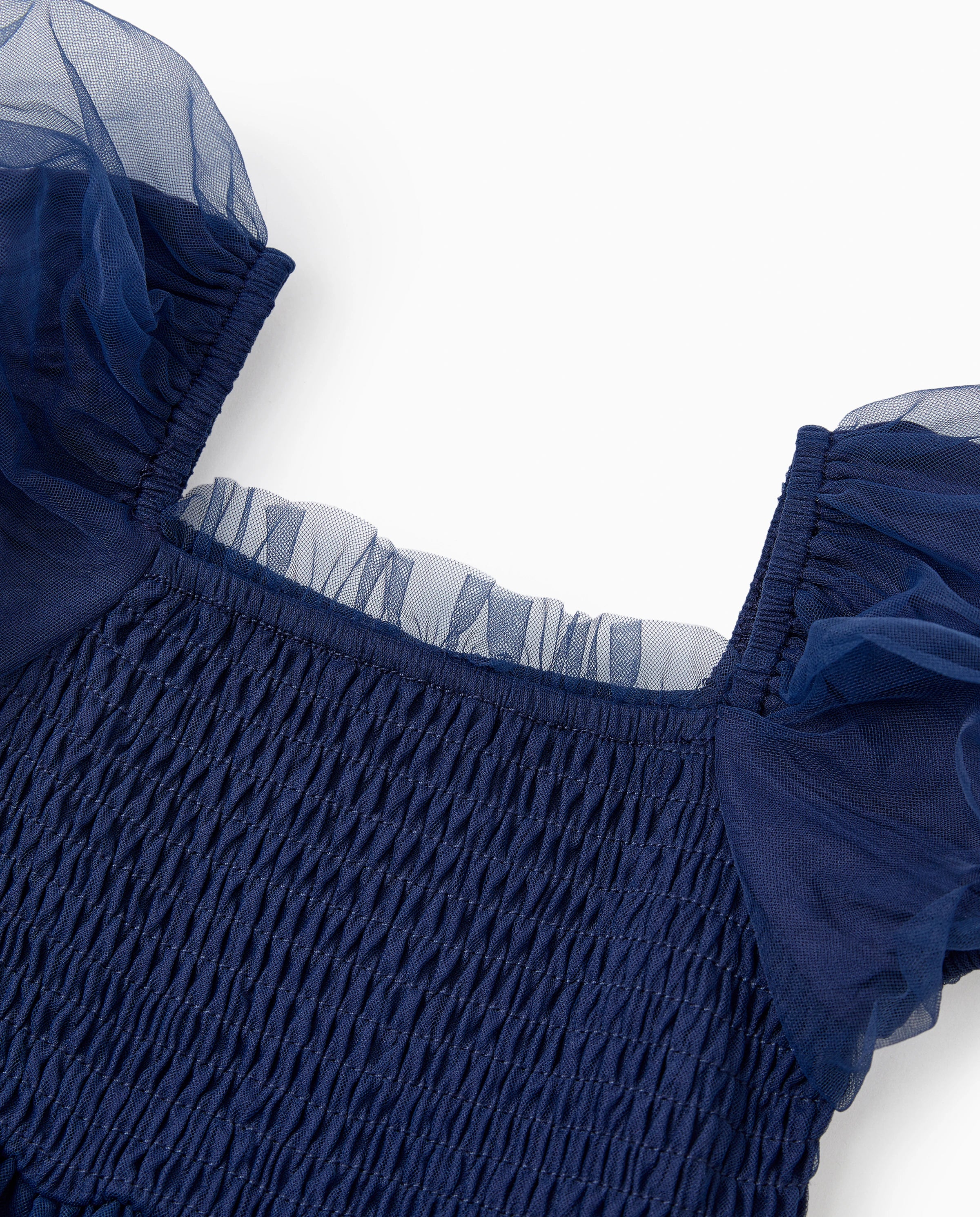 Family Matching Sets Plaid Long Sleeves Shirt or Elegant Shirred Bodice Puff Sleeves Tulle Mesh Dress royalblue - Image 8
