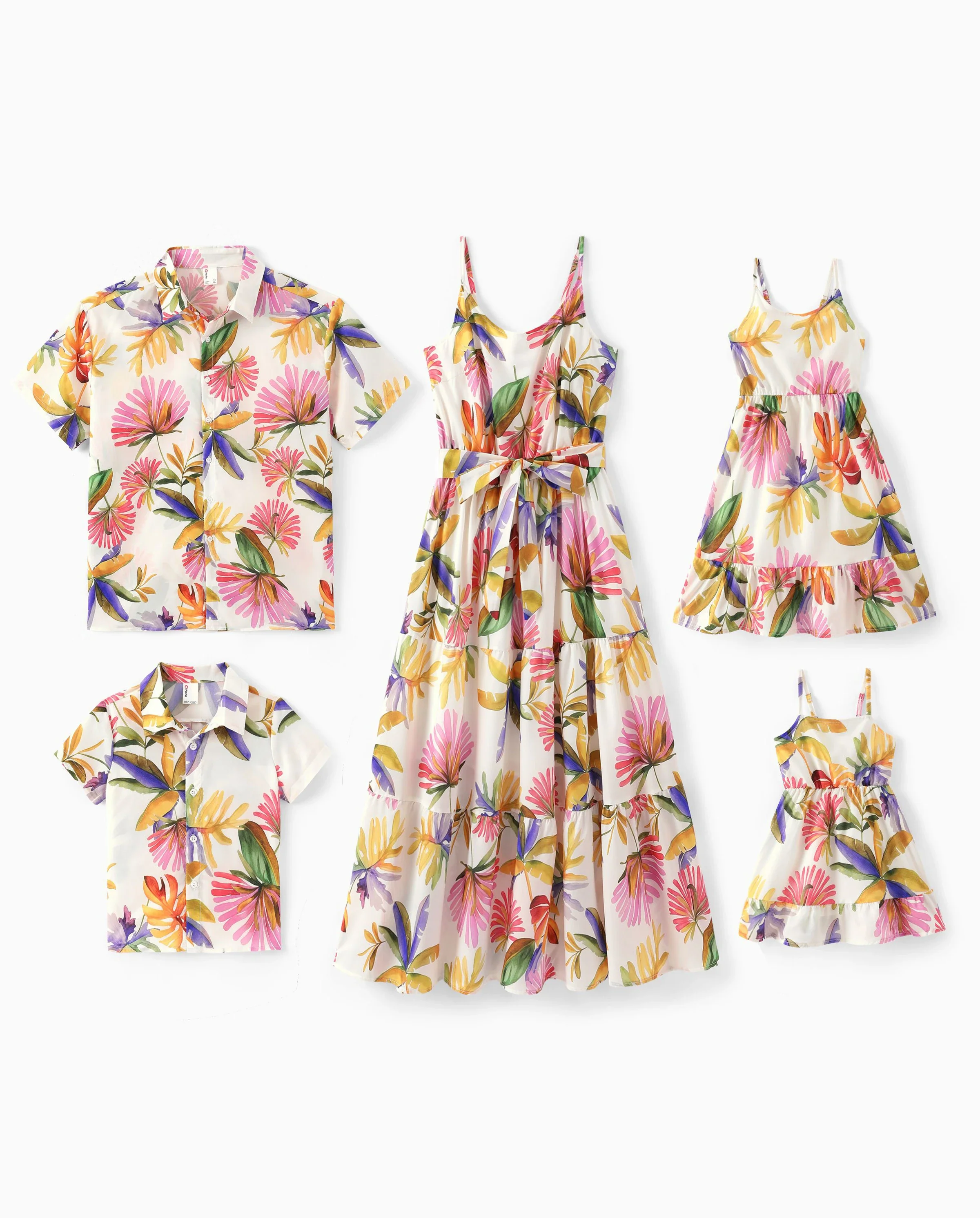 Family Matching Sets Tropical Floral V-Neck Dress & Short Sleeve Tee with Adjustable Straps Deep White Apricot - Image 10