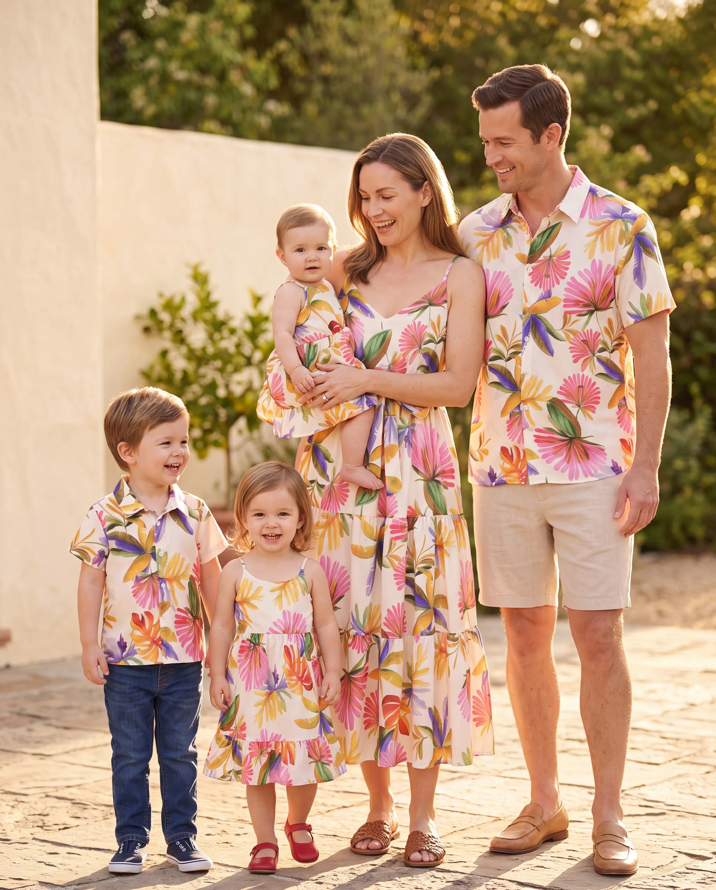 Family Matching Sets Tropical Floral V-Neck Dress & Short Sleeve Tee with Adjustable Straps Deep White Apricot - Image 11