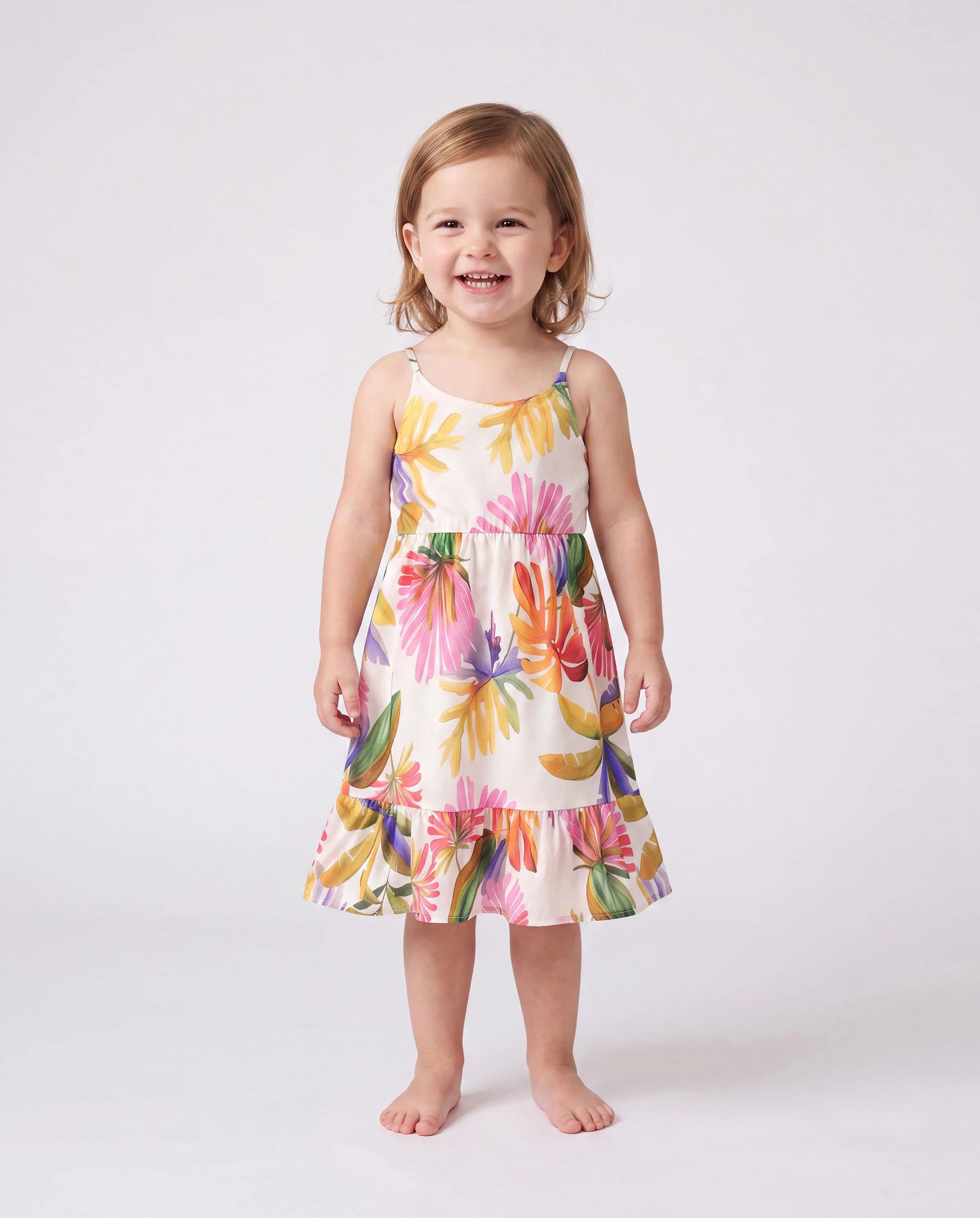 Family Matching Sets Tropical Floral V-Neck Dress & Short Sleeve Tee with Adjustable Straps Deep White Apricot - Image 3