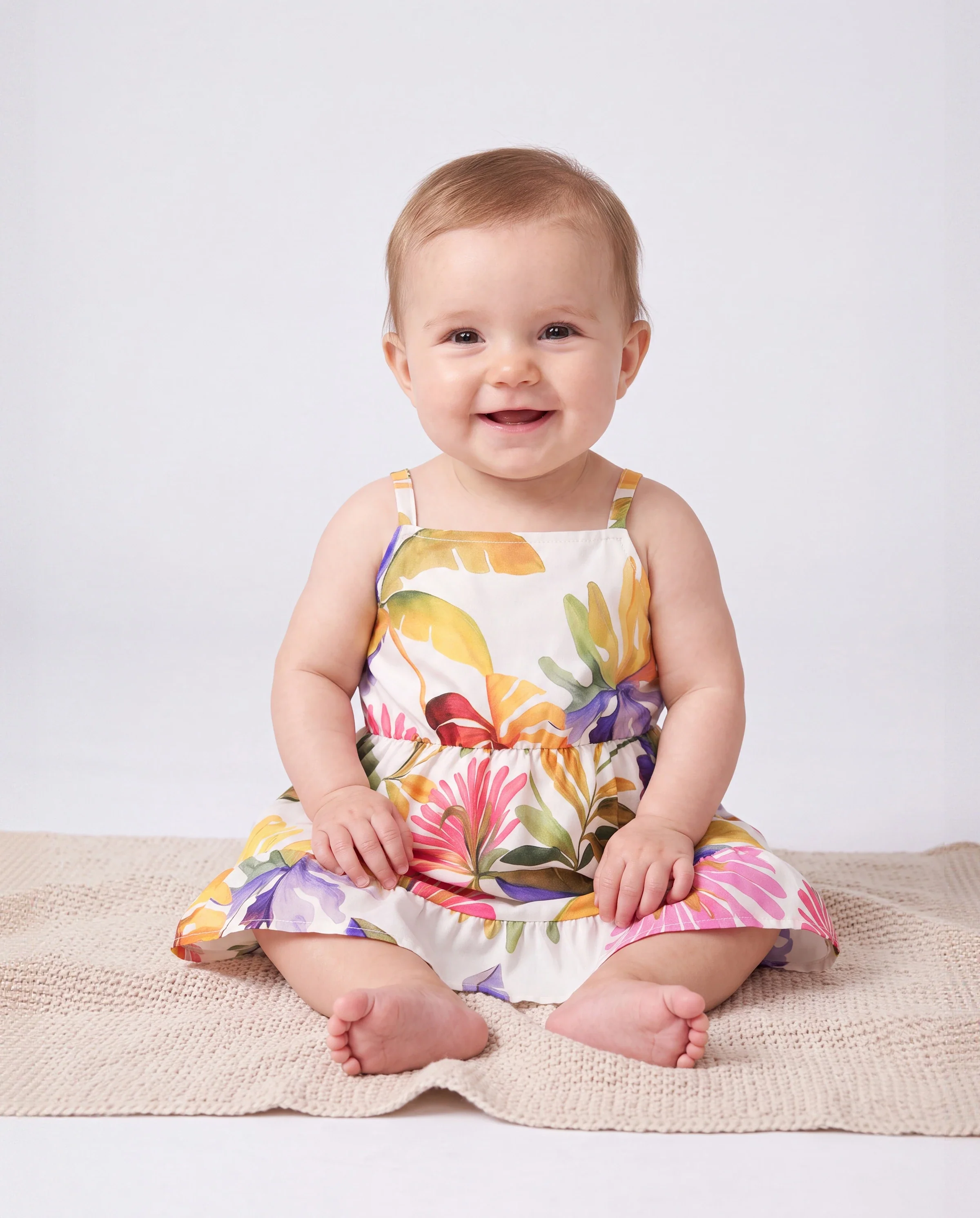 Family Matching Sets Tropical Floral V-Neck Dress & Short Sleeve Tee with Adjustable Straps Deep White Apricot - Image 4