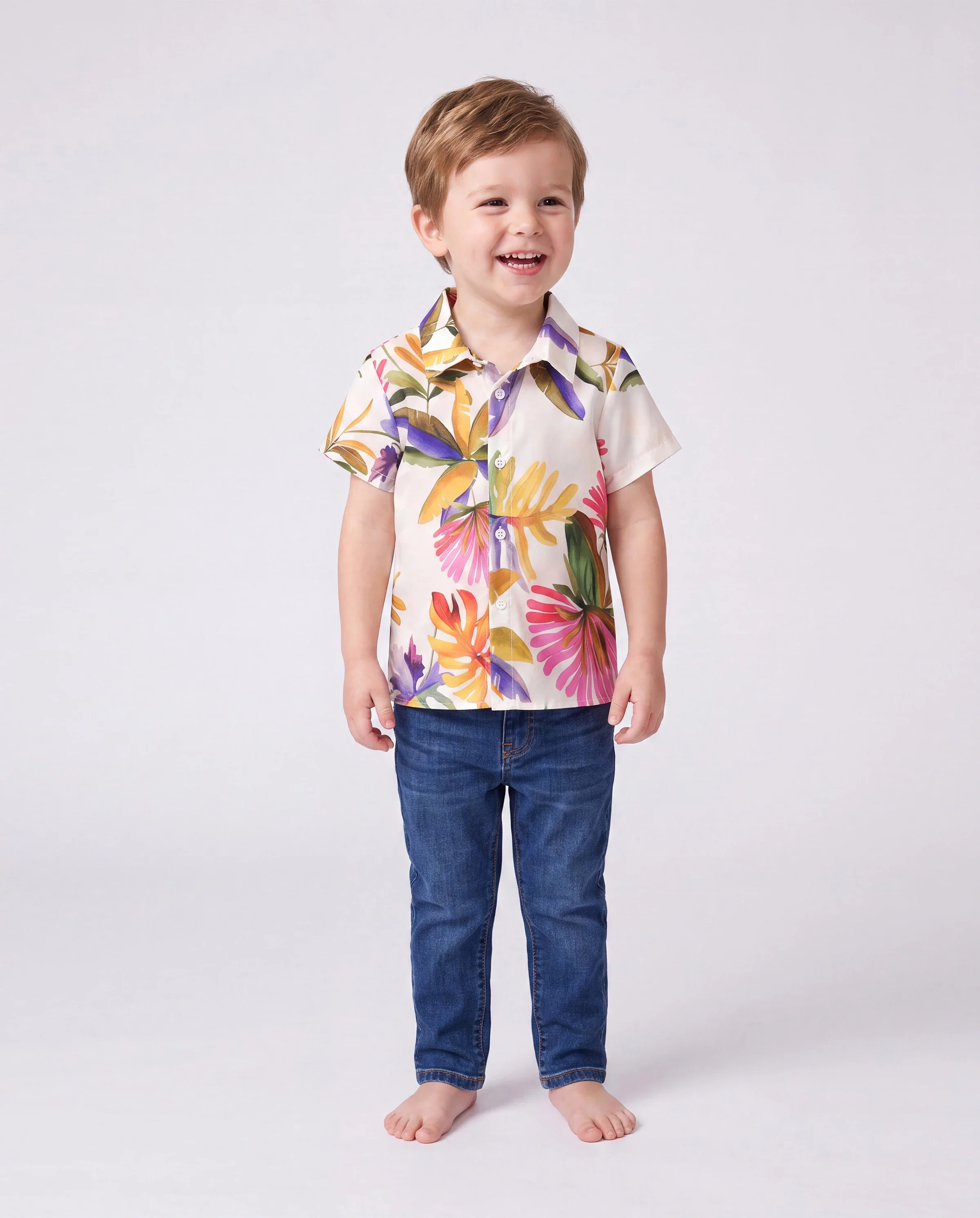 Family Matching Sets Tropical Floral V-Neck Dress & Short Sleeve Tee with Adjustable Straps Deep White Apricot - Image 5