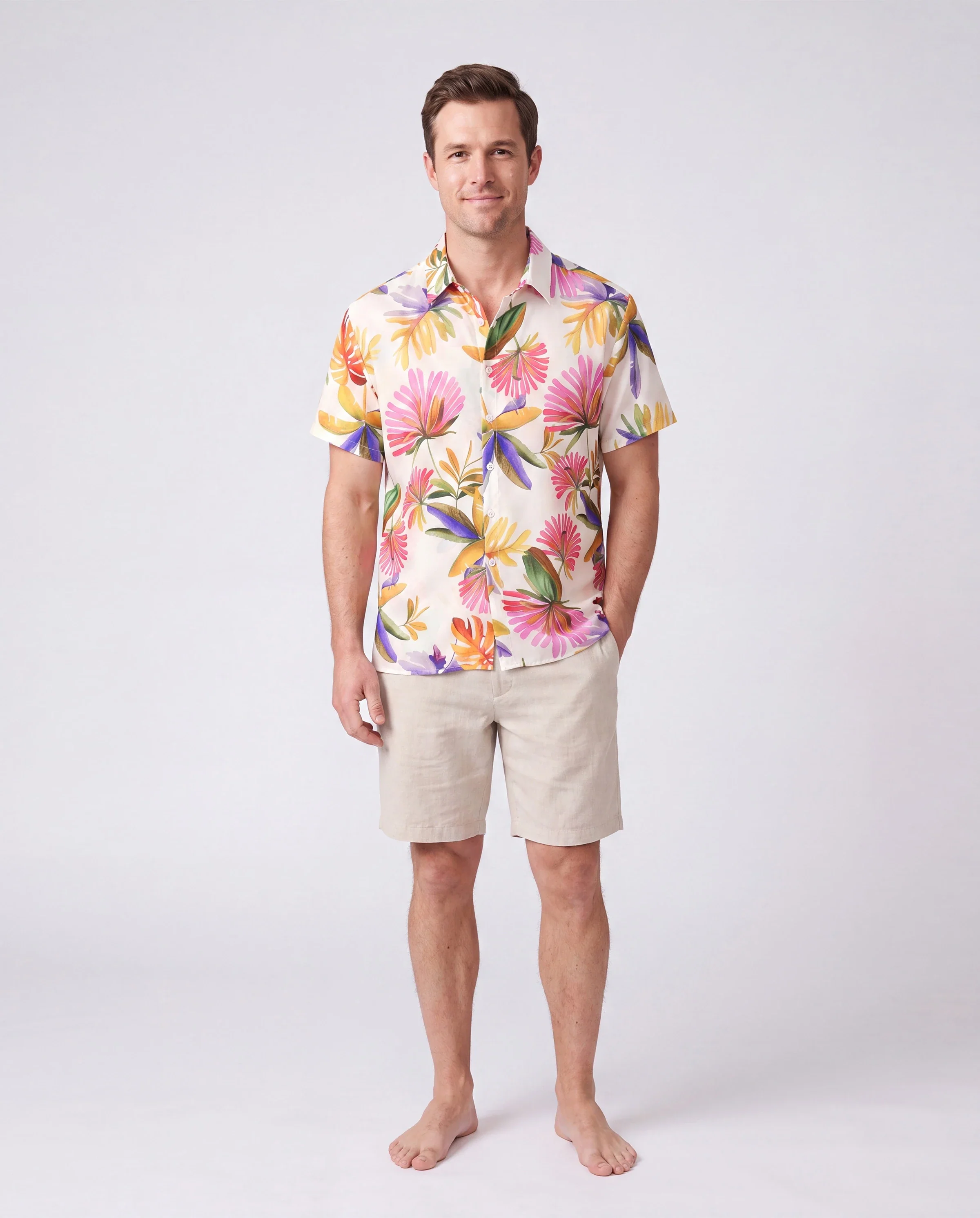 Family Matching Sets Tropical Floral V-Neck Dress & Short Sleeve Tee with Adjustable Straps Deep White Apricot - Image 6