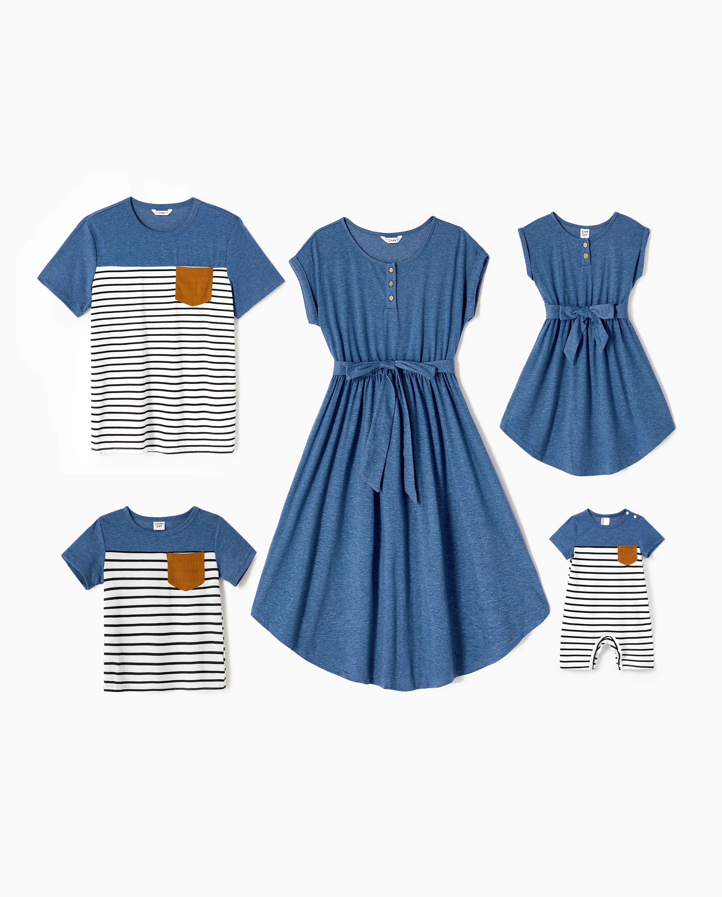 Family Matching Soft Casual Outfit with Below Knee Dresses, Front Buttons, Belted Design Blue - Image 10