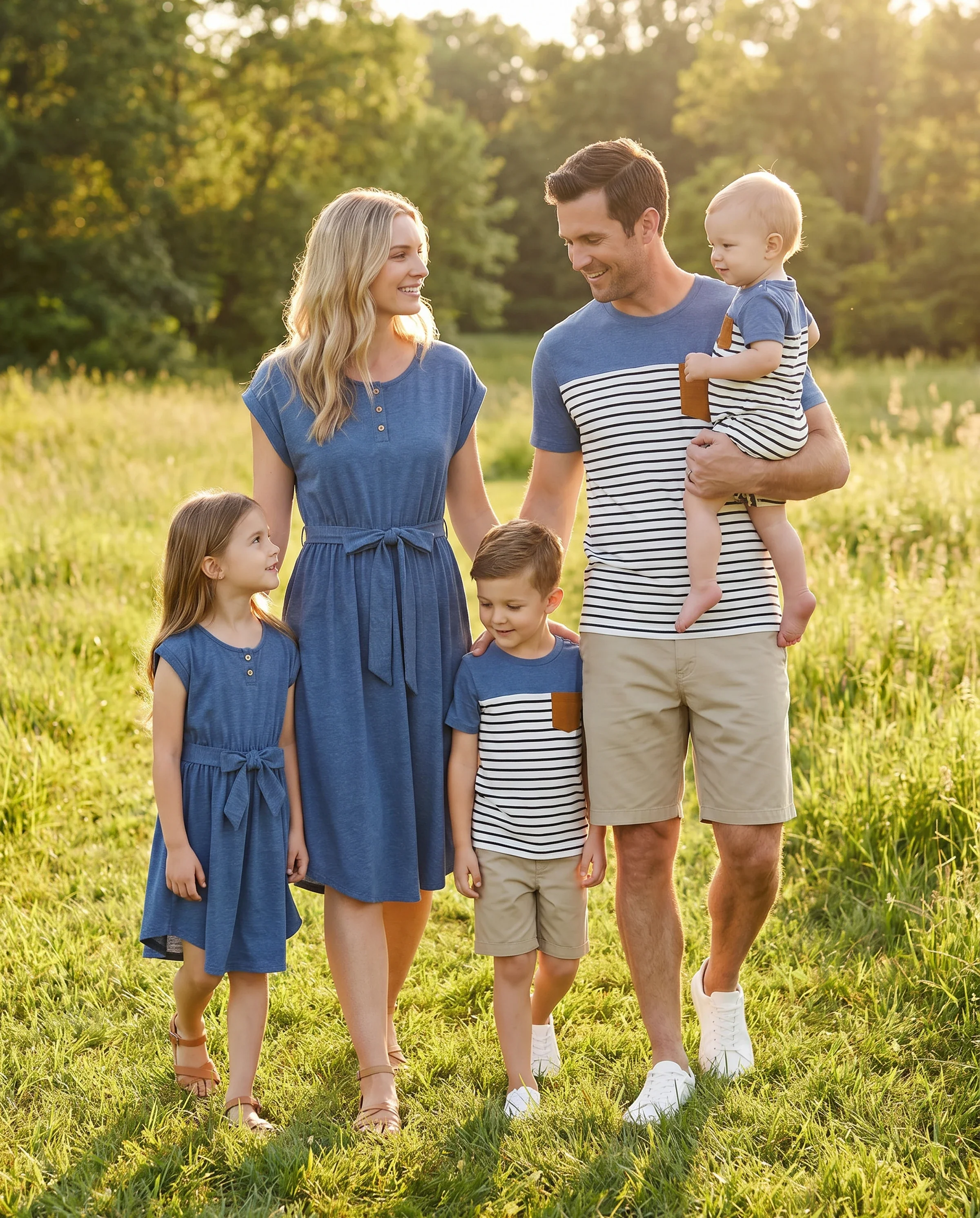 Family Matching Soft Casual Outfit with Below Knee Dresses, Front Buttons, Belted Design Blue - Image 11