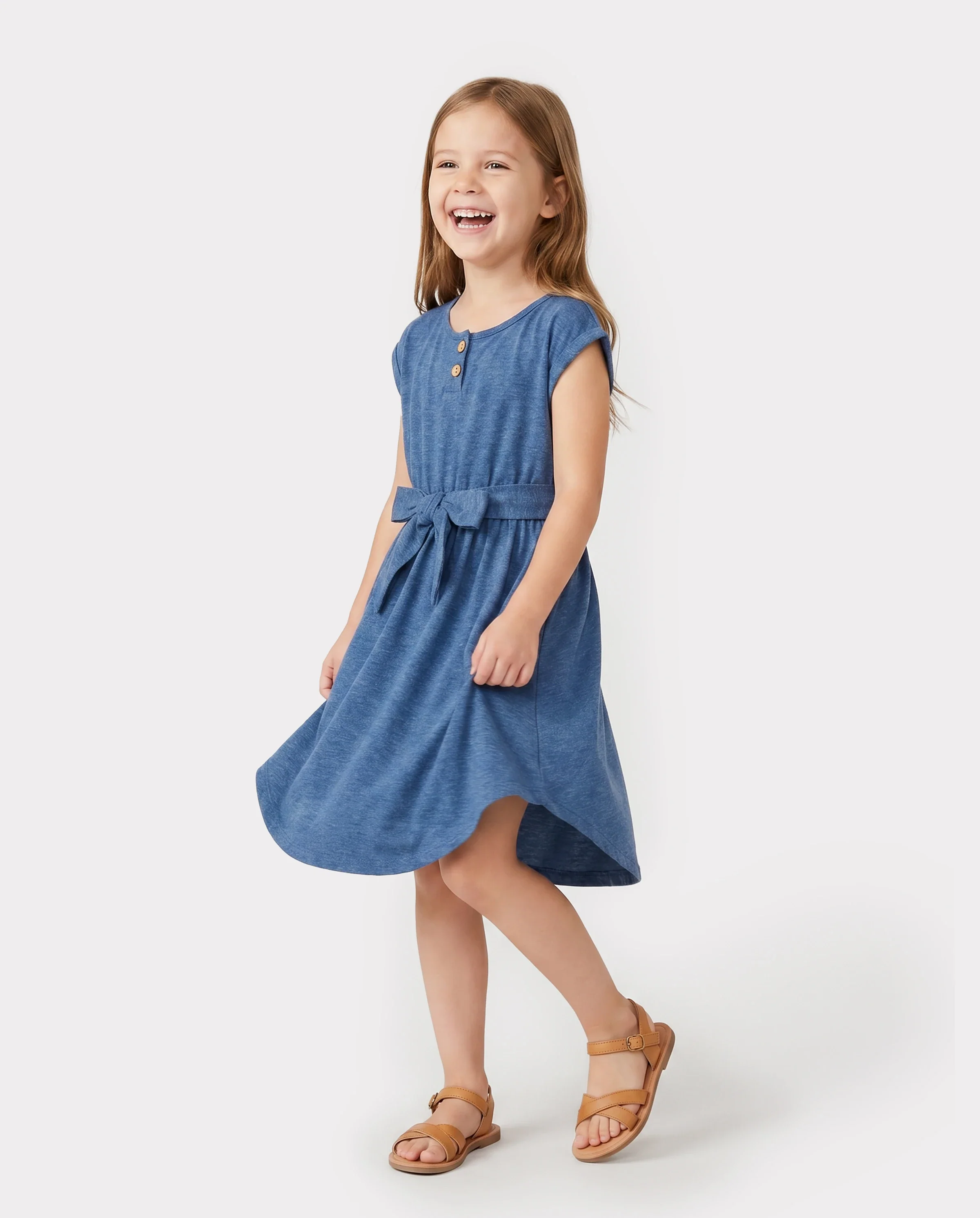 Family Matching Soft Casual Outfit with Below Knee Dresses, Front Buttons, Belted Design Blue - Image 3