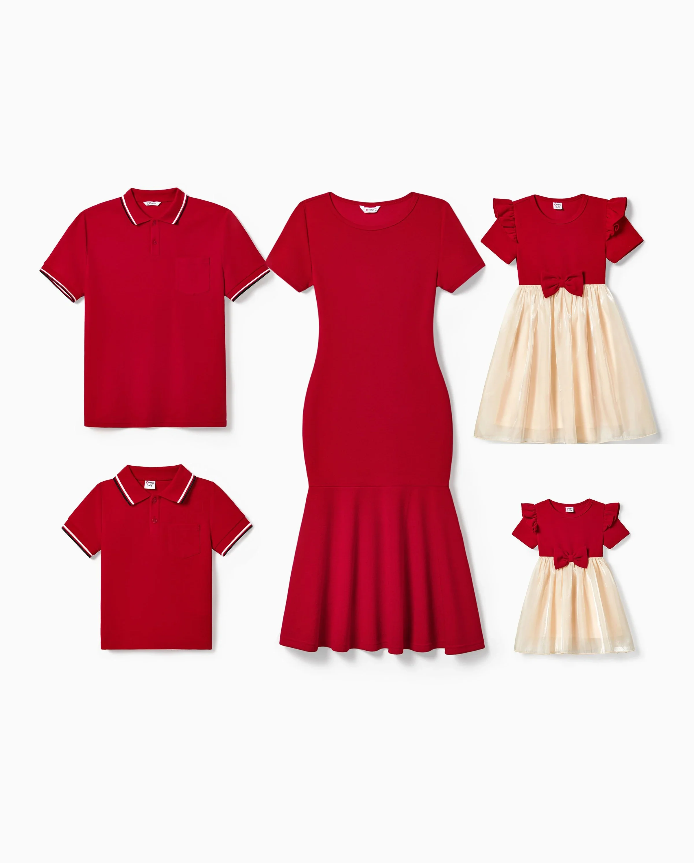 Family Matching Solid Color Short-sleeve Laper-collar Tops and Mermaid/Mesh Dresses Sets Red - Image 10