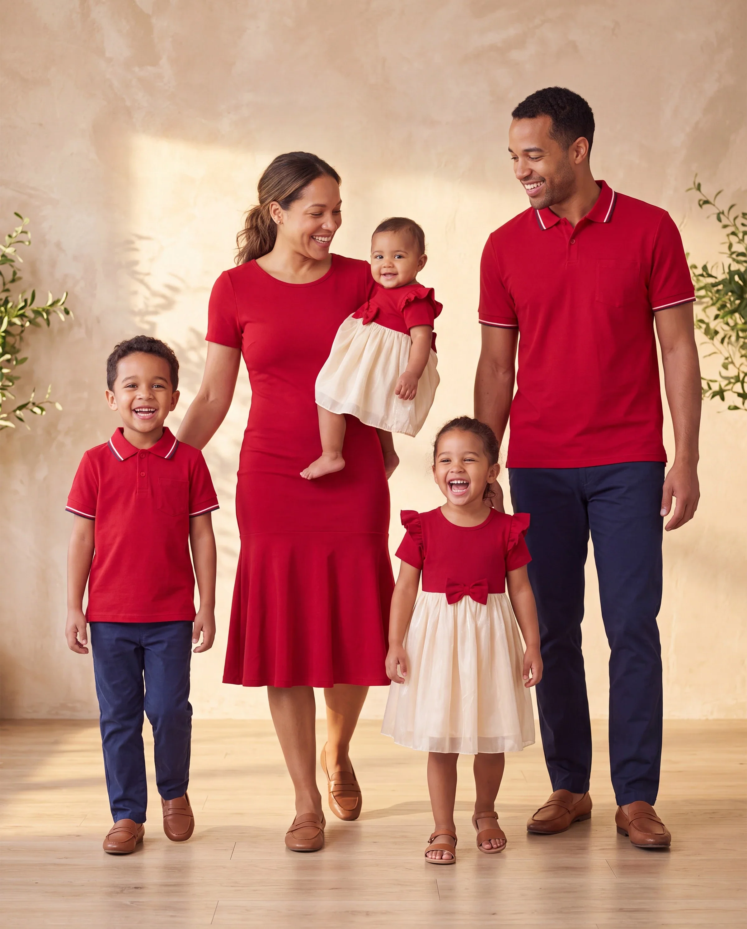 Family Matching Solid Color Short-sleeve Laper-collar Tops and Mermaid/Mesh Dresses Sets Red - Image 11