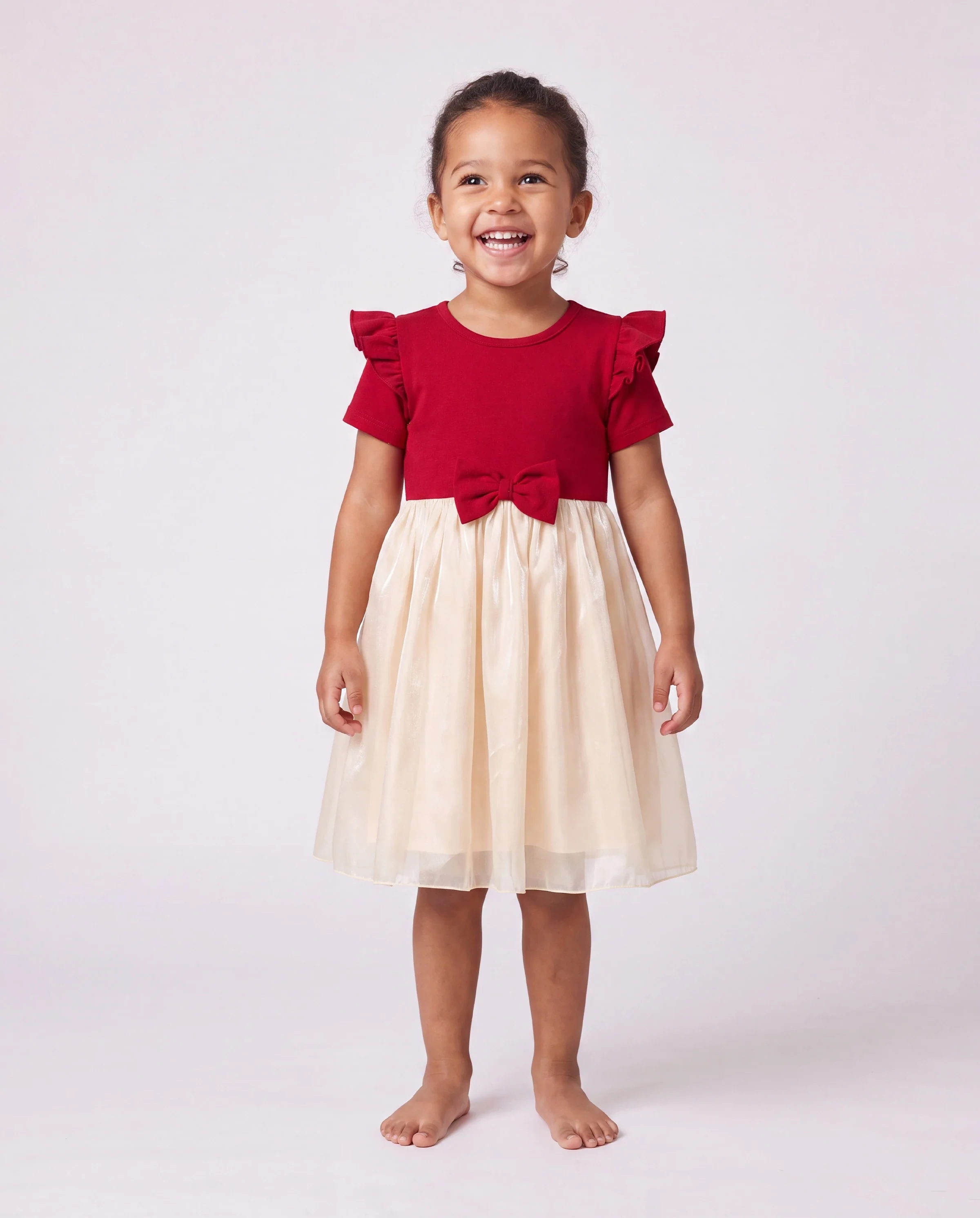 Family Matching Solid Color Short-sleeve Laper-collar Tops and Mermaid/Mesh Dresses Sets Red - Image 3