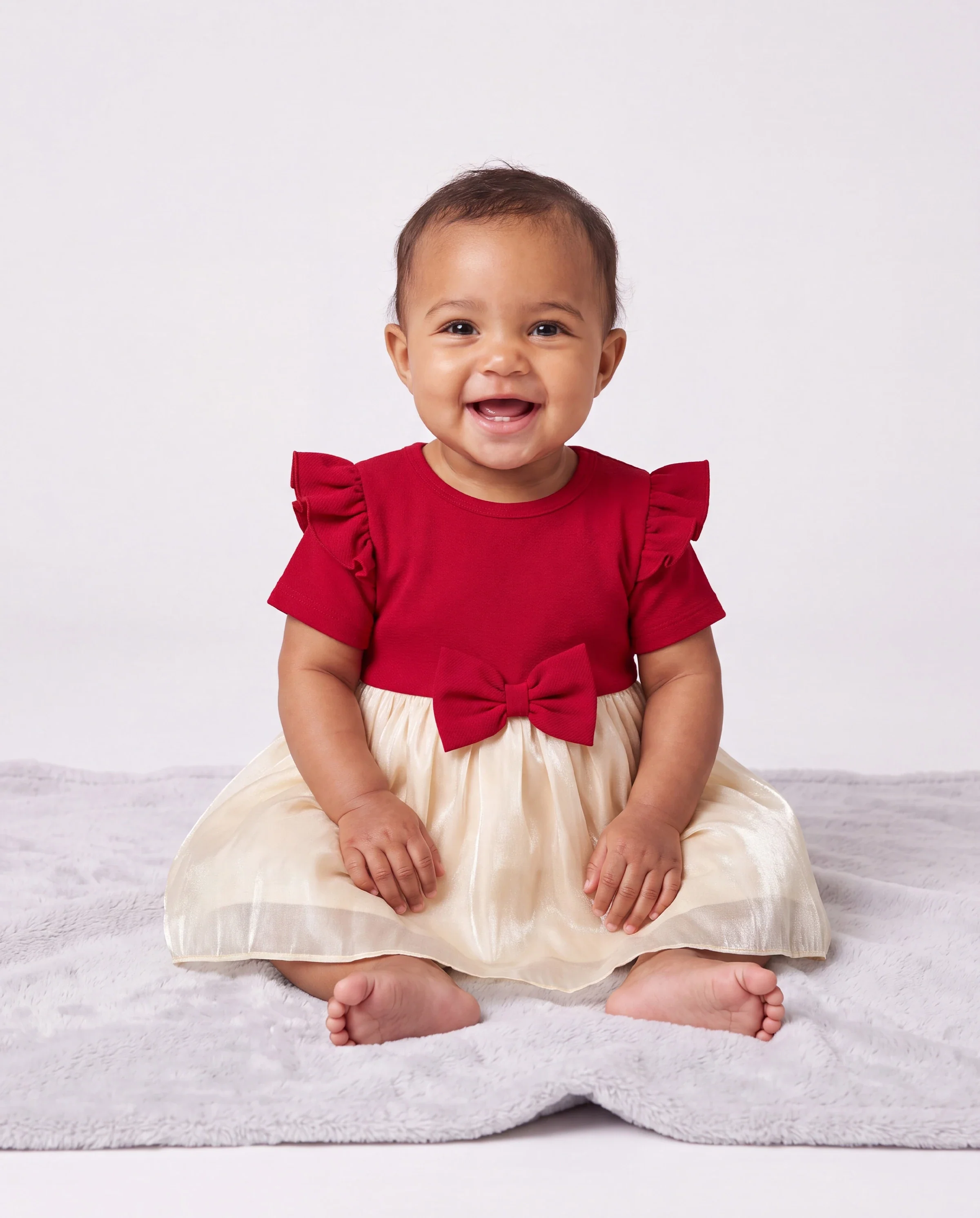 Family Matching Solid Color Short-sleeve Laper-collar Tops and Mermaid/Mesh Dresses Sets Red - Image 4
