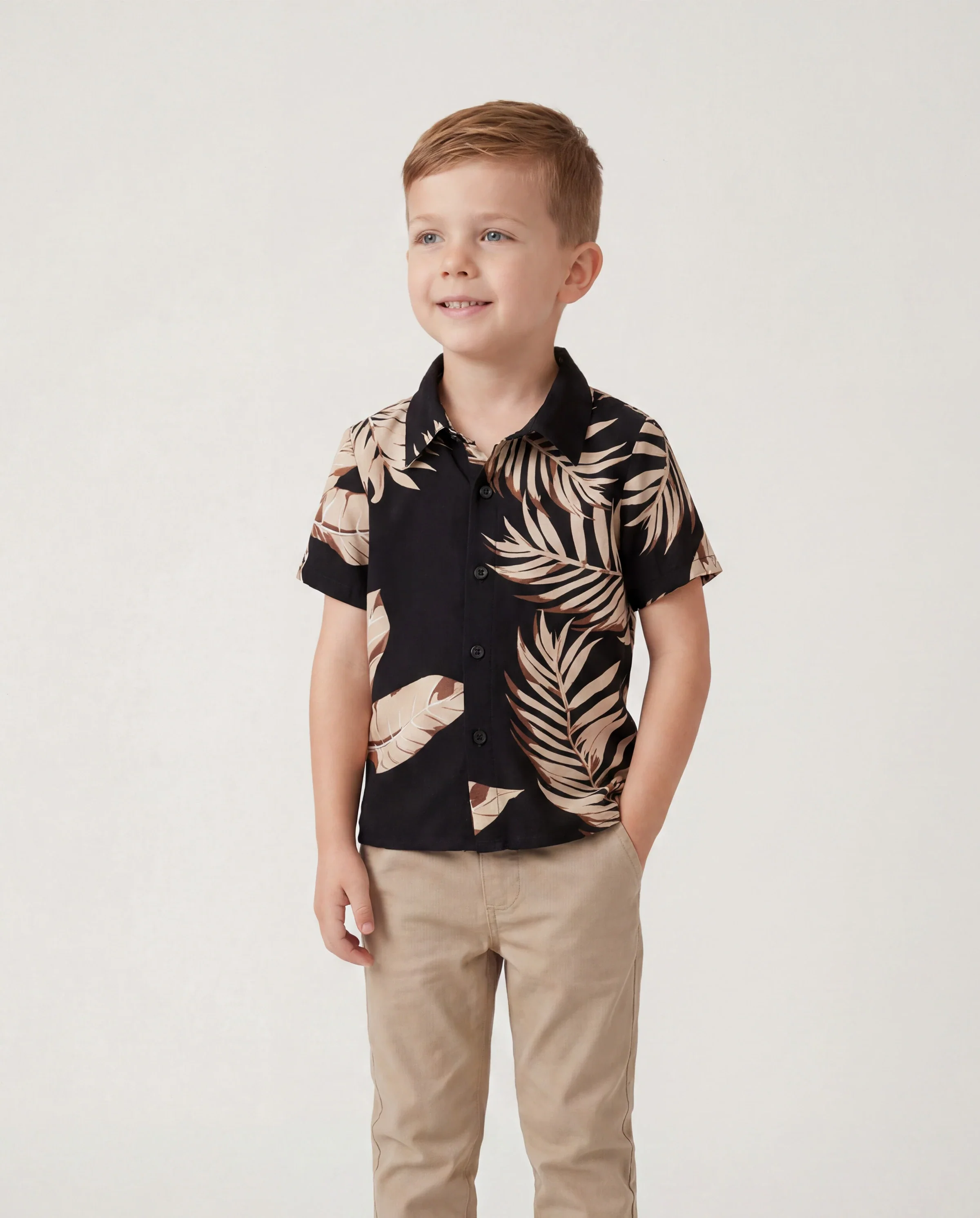 Family Matching Solid Leaf Sleeveless Halter Dresses And Short Sleeve Tops Sets Black - Image 5