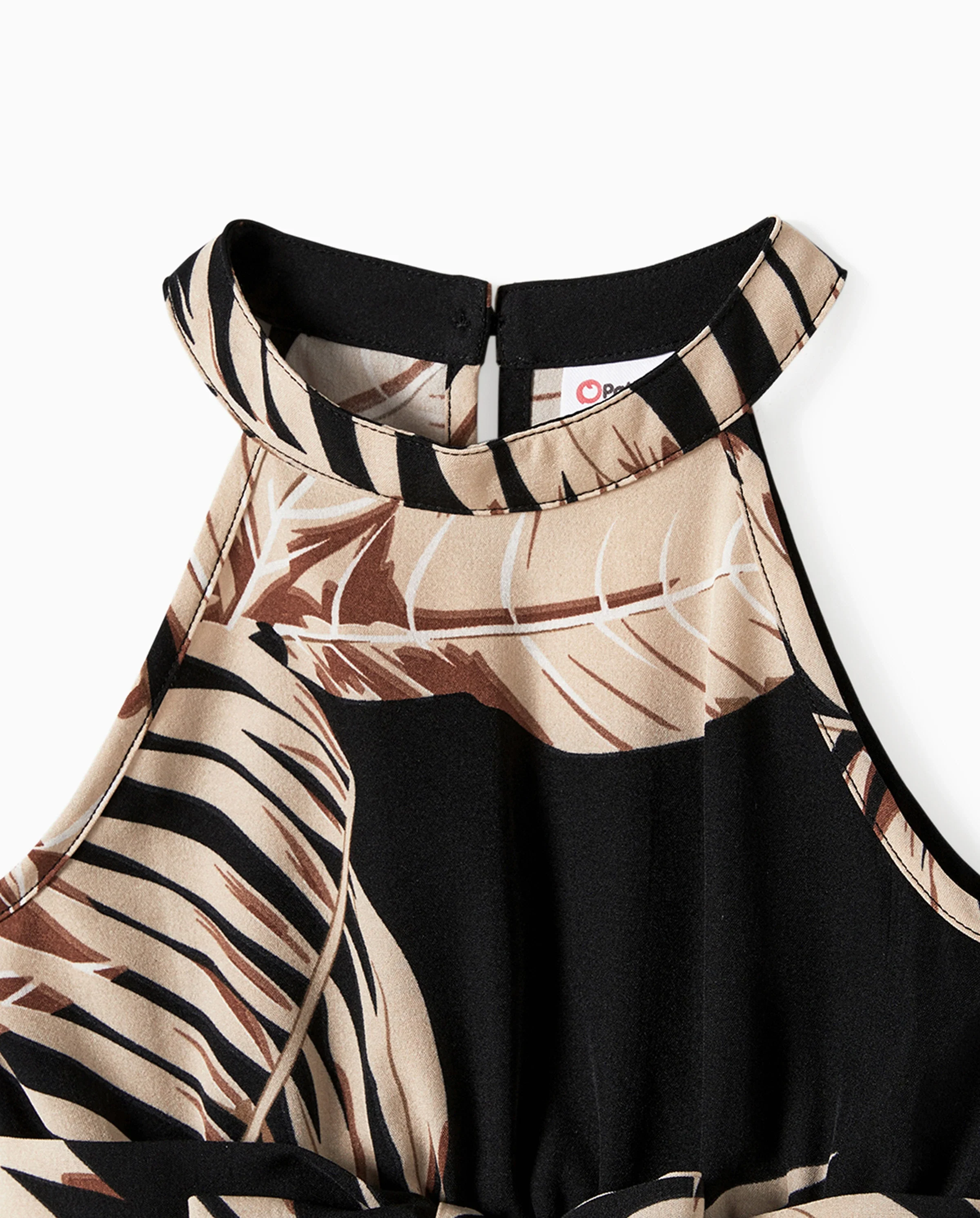 Family Matching Solid Leaf Sleeveless Halter Dresses And Short Sleeve Tops Sets Black - Image 9