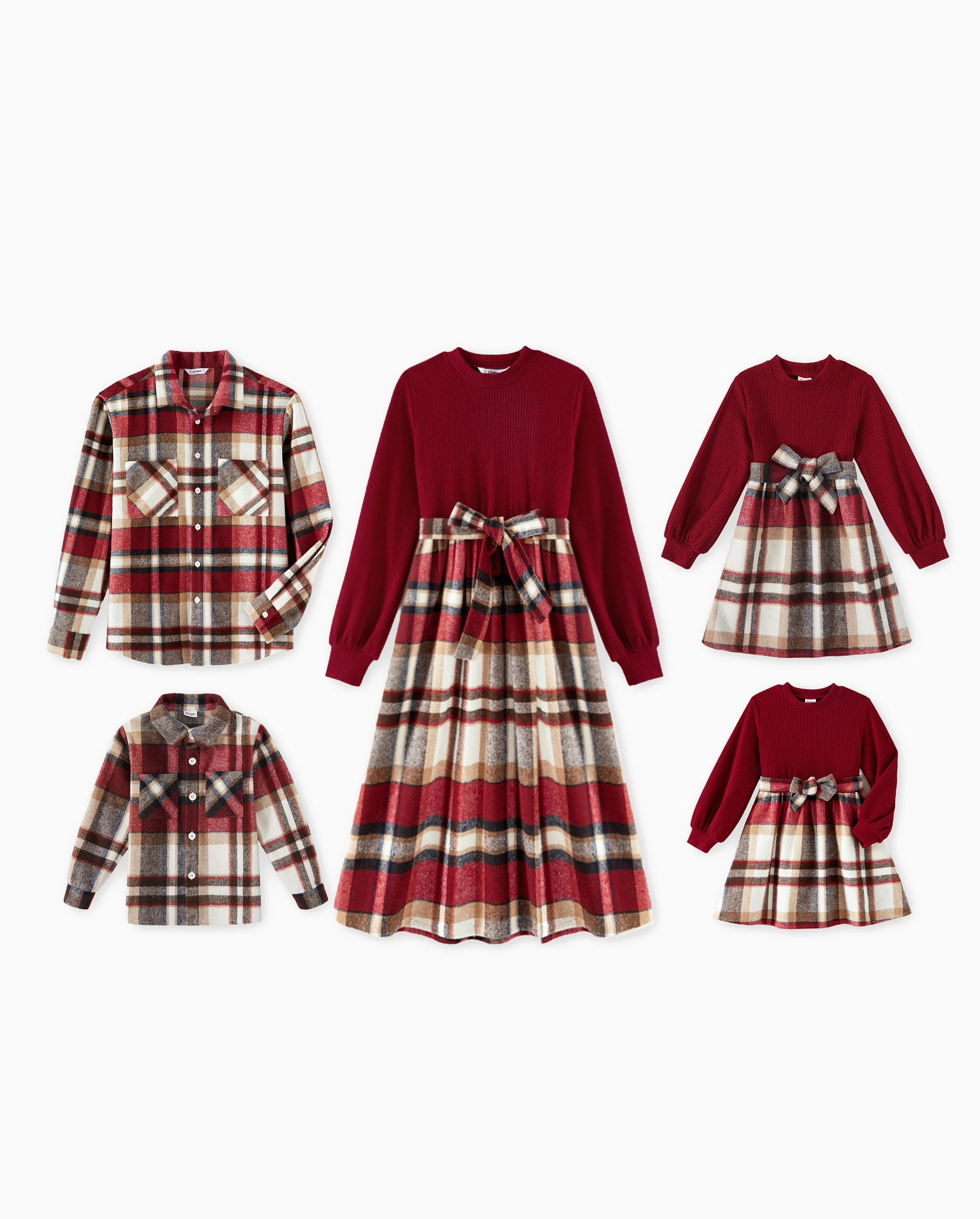 Family Matching Solid Ribbed Spliced Plaid Belted Dresses and Long-sleeve Button Up Shirts Sets MAROON - Image 10