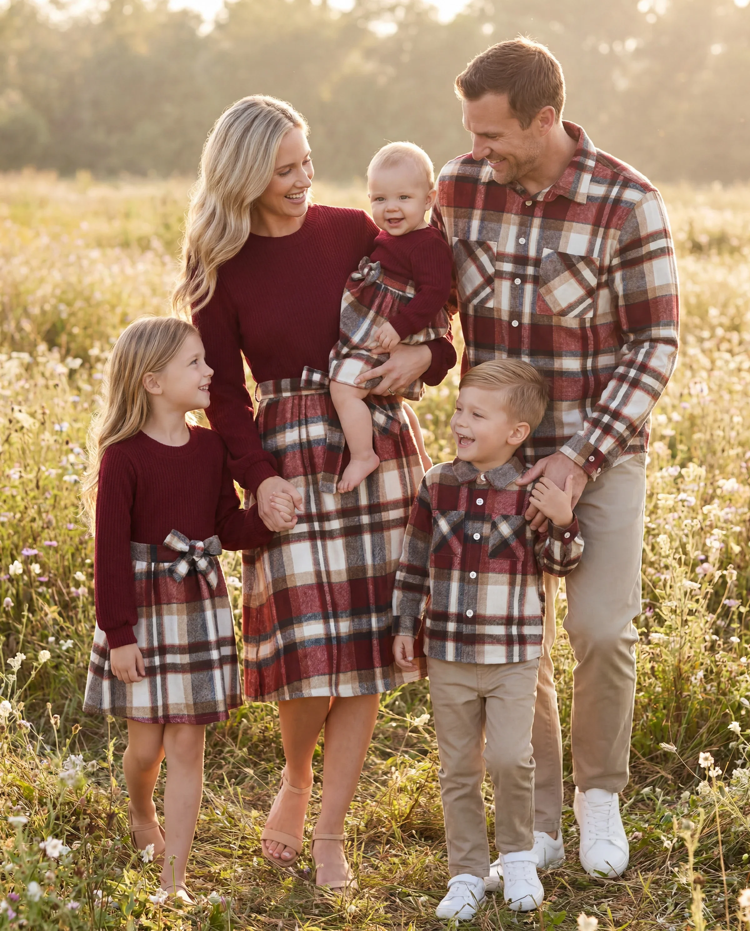 Family Matching Solid Ribbed Spliced Plaid Belted Dresses and Long-sleeve Button Up Shirts Sets MAROON - Image 11