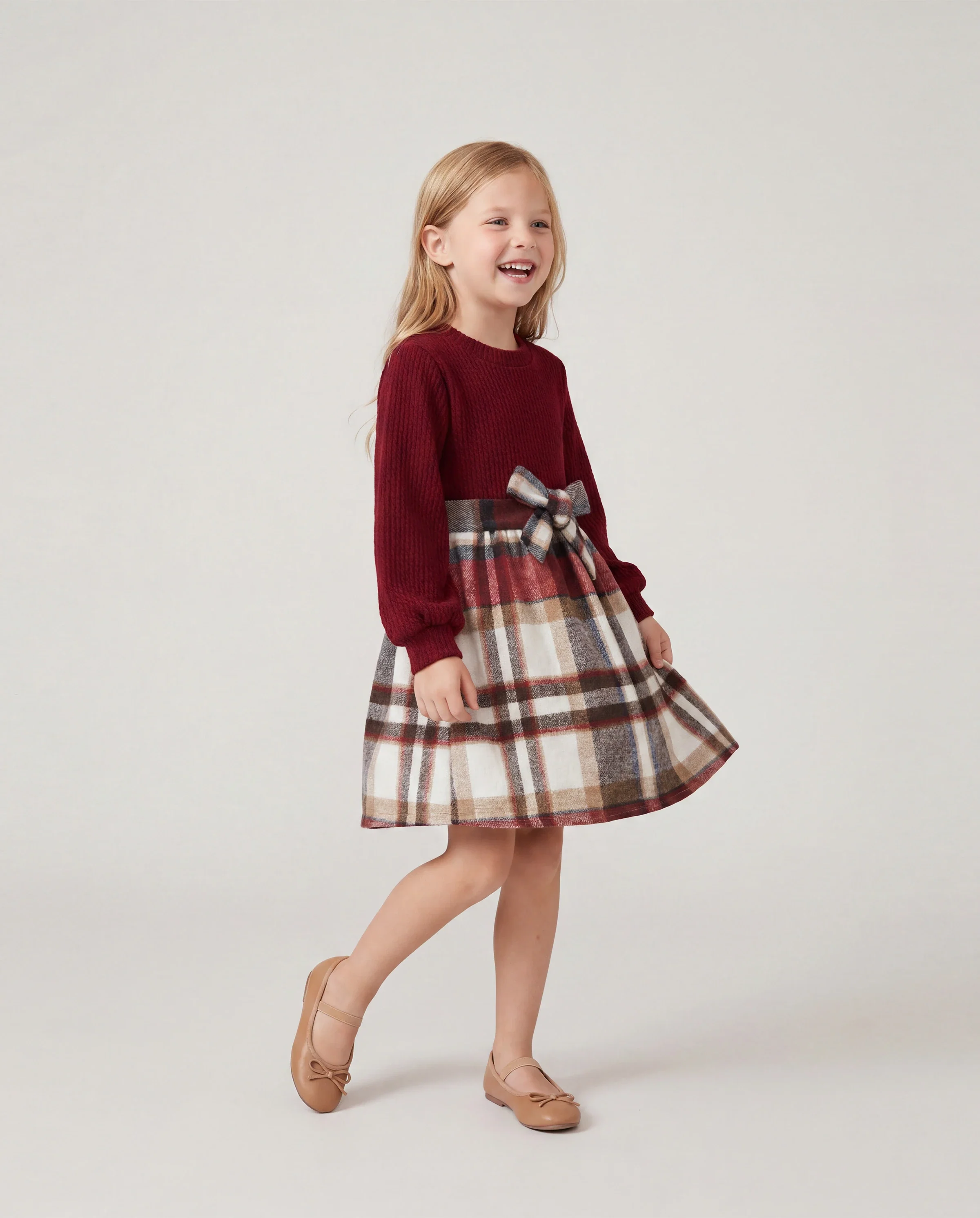 Family Matching Solid Ribbed Spliced Plaid Belted Dresses and Long-sleeve Button Up Shirts Sets MAROON - Image 3