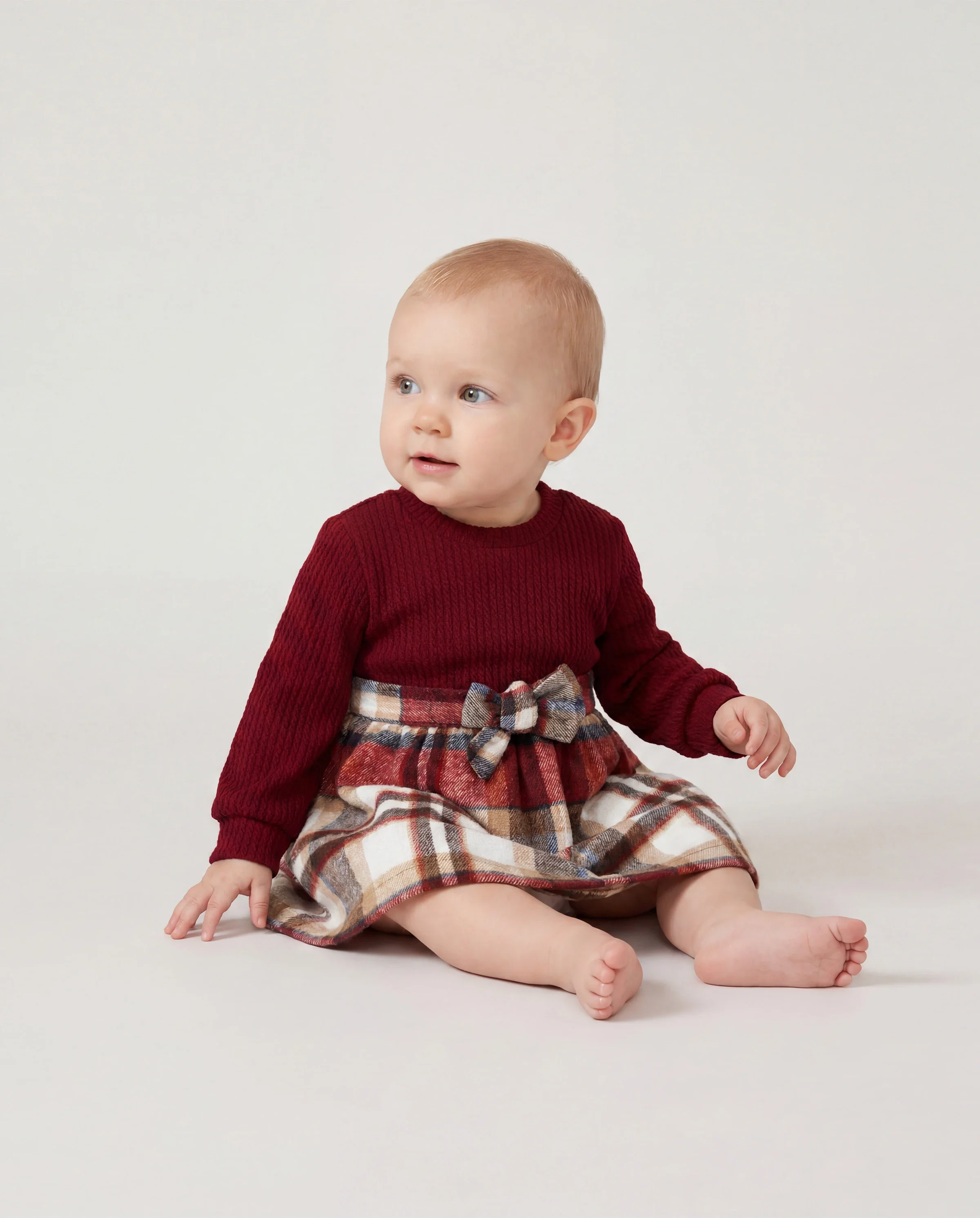 Family Matching Solid Ribbed Spliced Plaid Belted Dresses and Long-sleeve Button Up Shirts Sets MAROON - Image 4