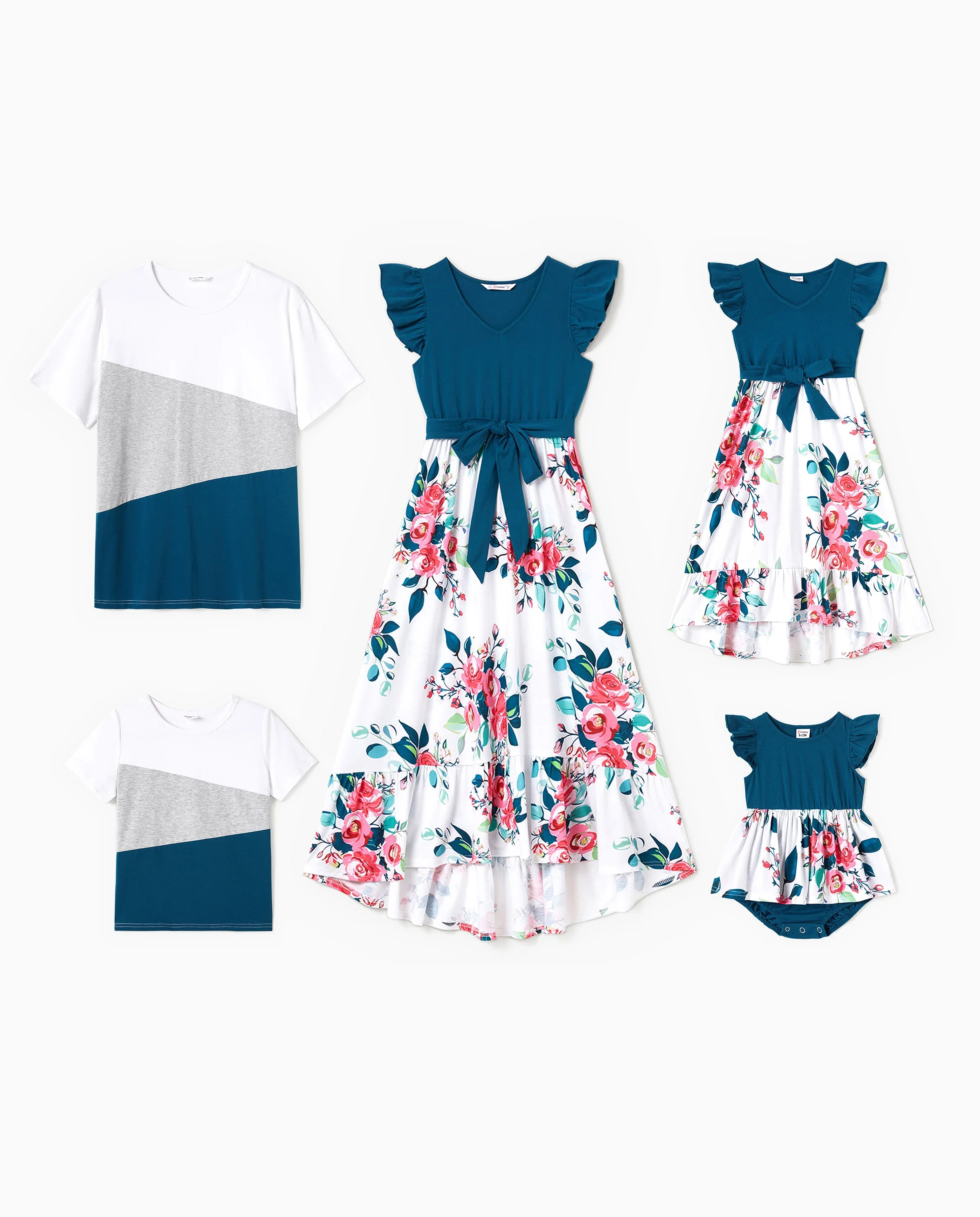 Family Matching Solid V Neck Flutter-sleeve Splicing Floral Print Dresses and Short-sleeve Colorblock T-shirts Sets Azure- - Image 10