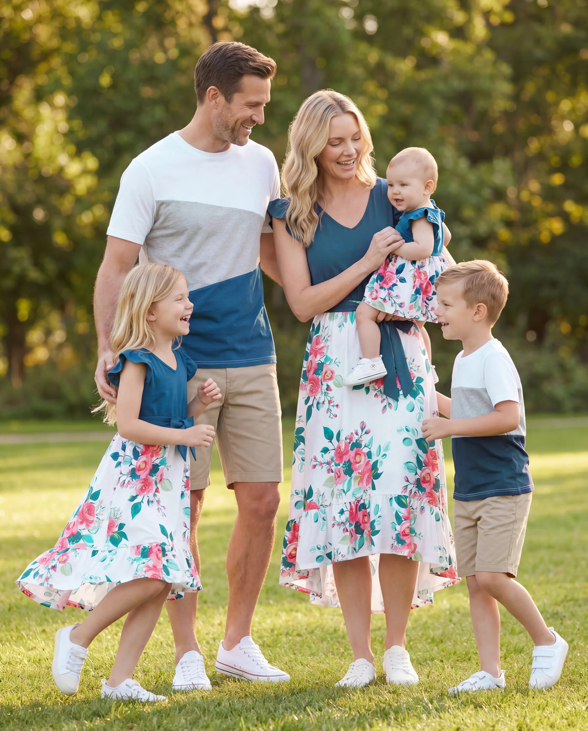Family Matching Solid V Neck Flutter-sleeve Splicing Floral Print Dresses and Short-sleeve Colorblock T-shirts Sets Azure- - Image 11