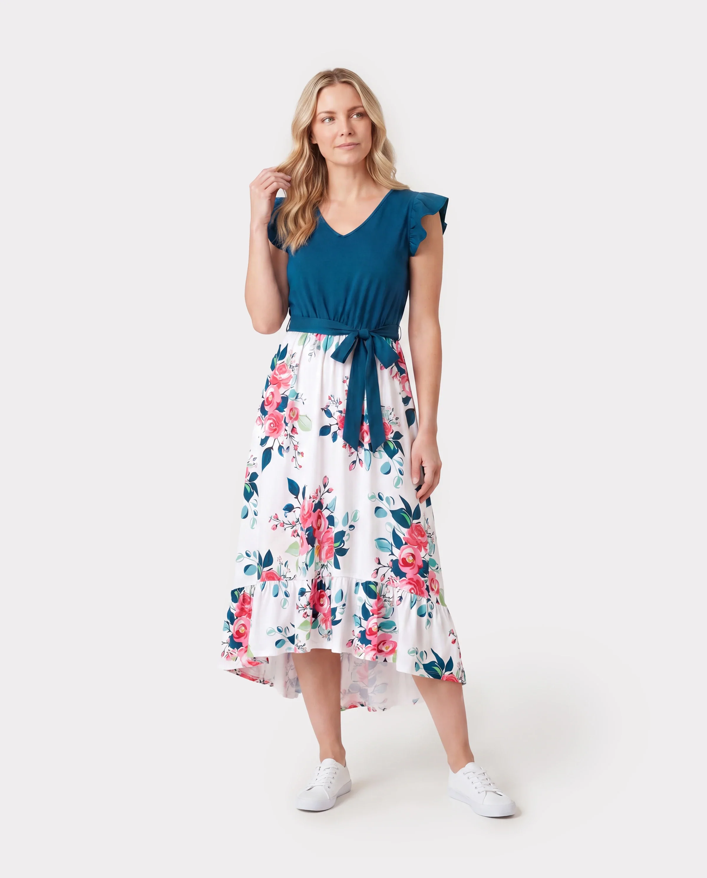 Family Matching Solid V Neck Flutter-sleeve Splicing Floral Print Dresses and Short-sleeve Colorblock T-shirts Sets Azure- - Image 2